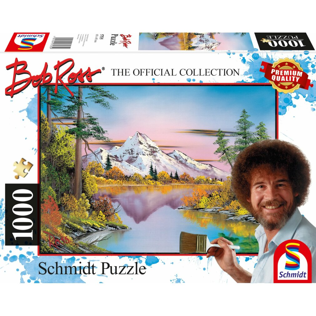 Pudełko z puzzlami Boba Rossa z obrazem góry odbijającej się w wodzie. Bob Ross uśmiecha się, trzymając pędzel.