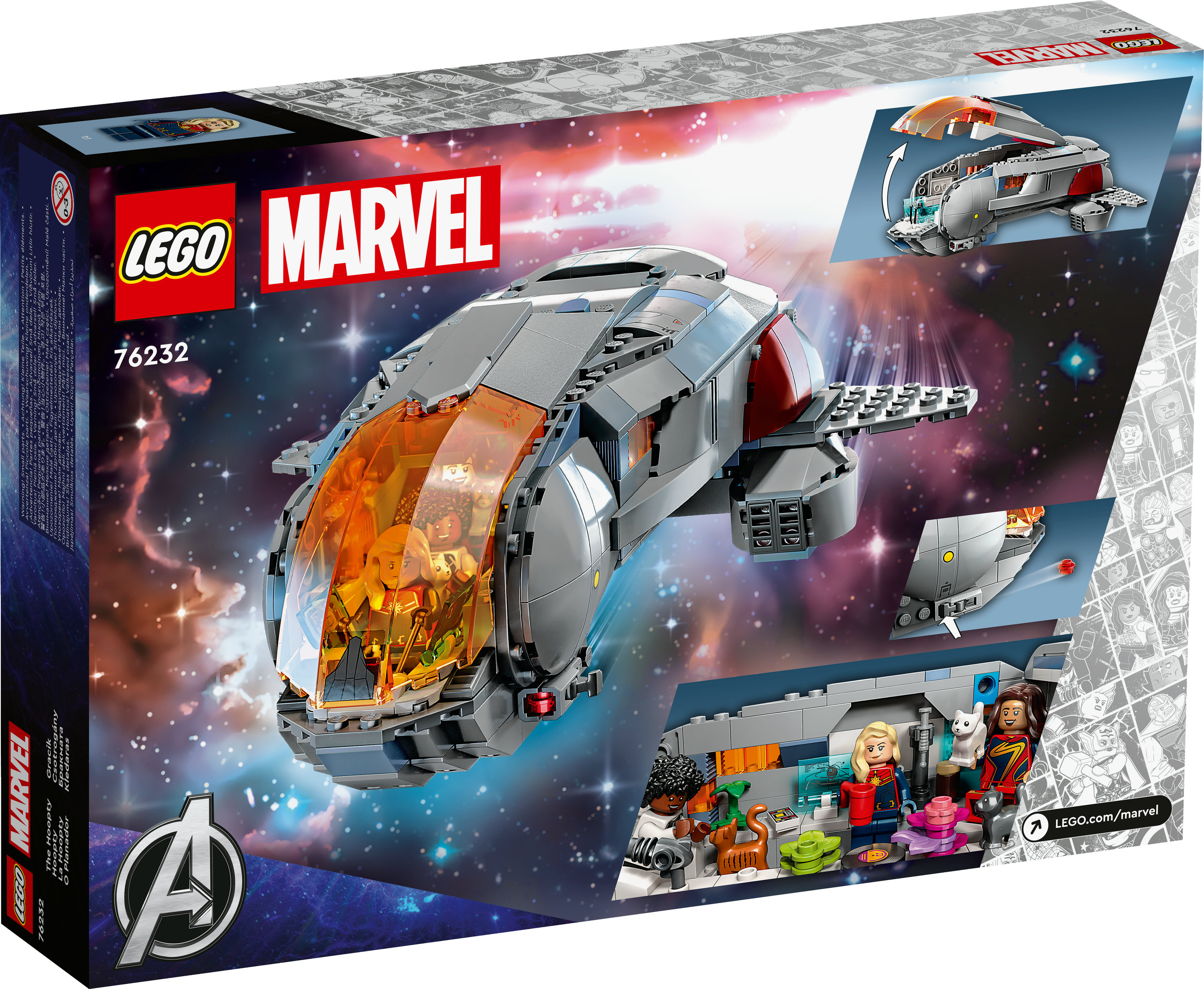 Lego Marvel set kutusu. Turuncu kokpitli gri uzay gemisi. Minifigürler ve Avengers logosunu içerir.