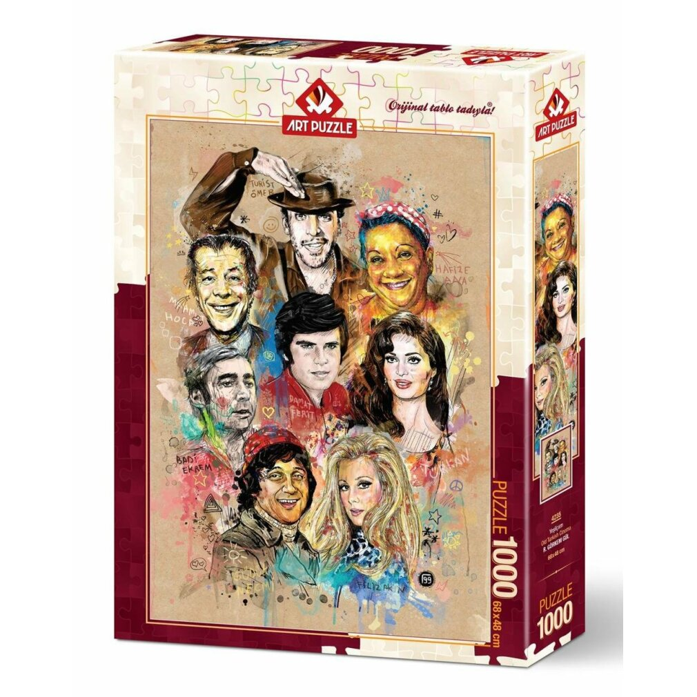 Una scatola di puzzle con un collage di ritratti. Presenta attori del vecchio cinema turco, con la scritta 'Art Puzzle'.
