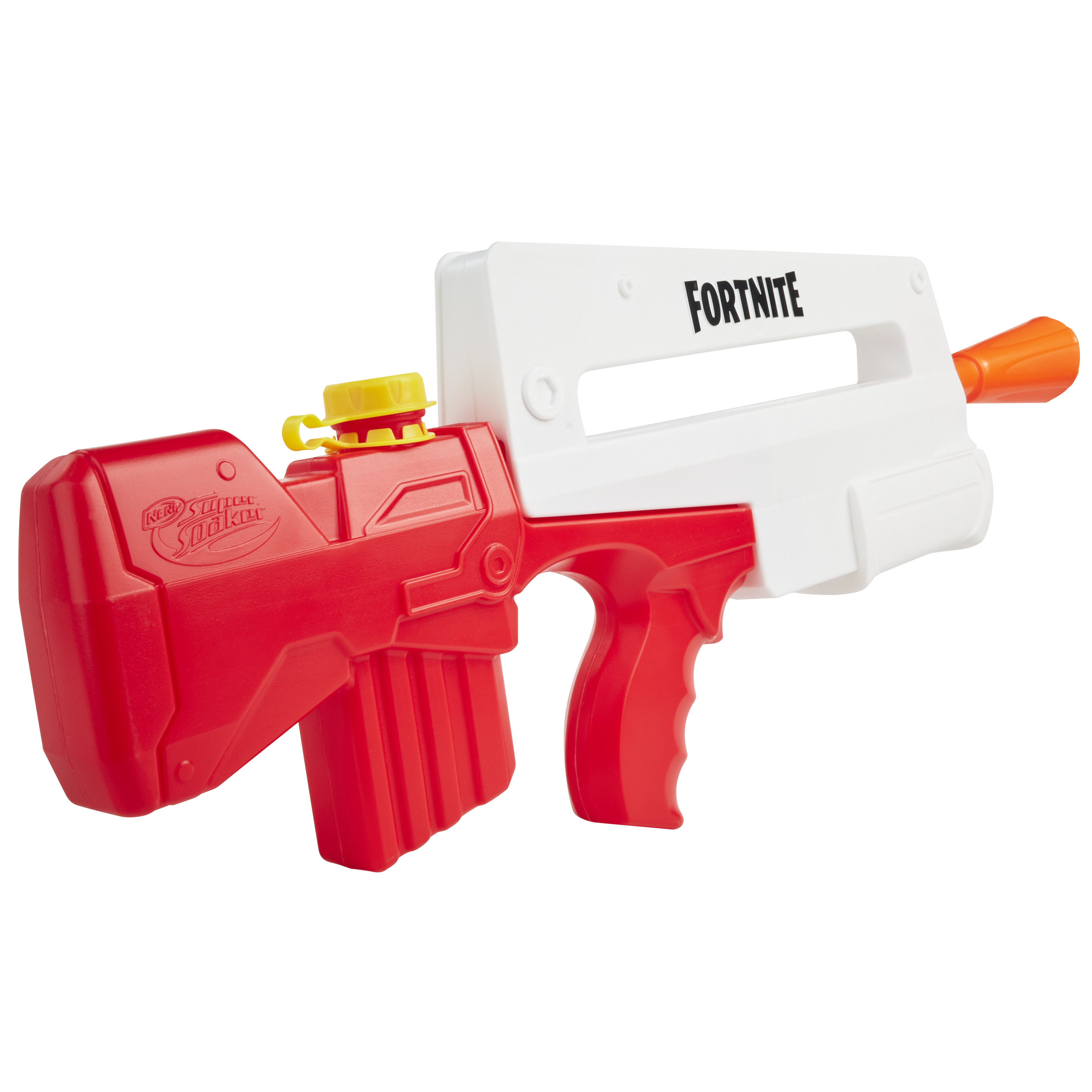 Una pistola de agua Fortnite blanca y roja. Tiene una boquilla naranja, la palabra Fortnite es visible. El fondo es blanco.