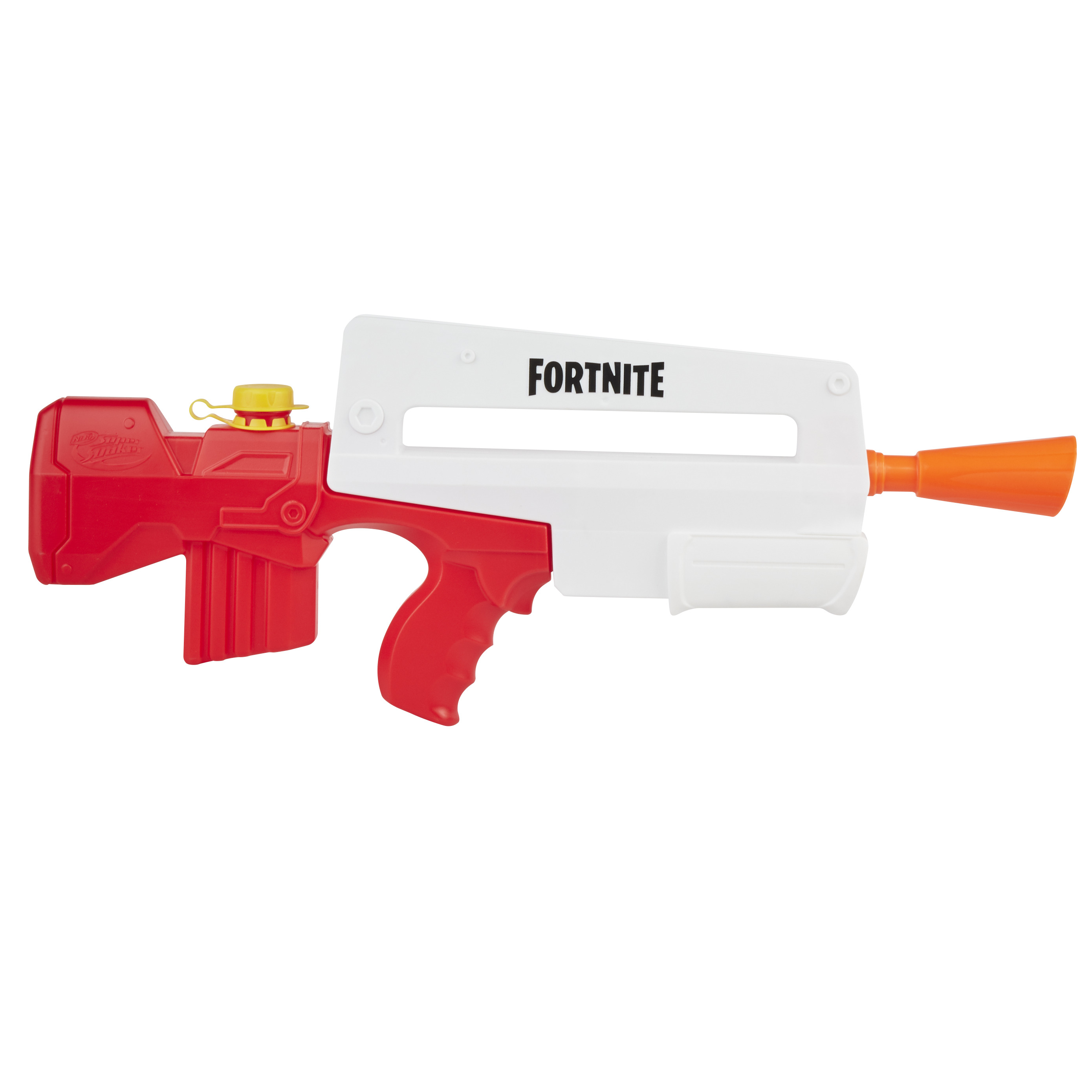 Una pistola de agua Fortnite roja, blanca y naranja, con la palabra 'FORTNITE' en el cuerpo blanco.