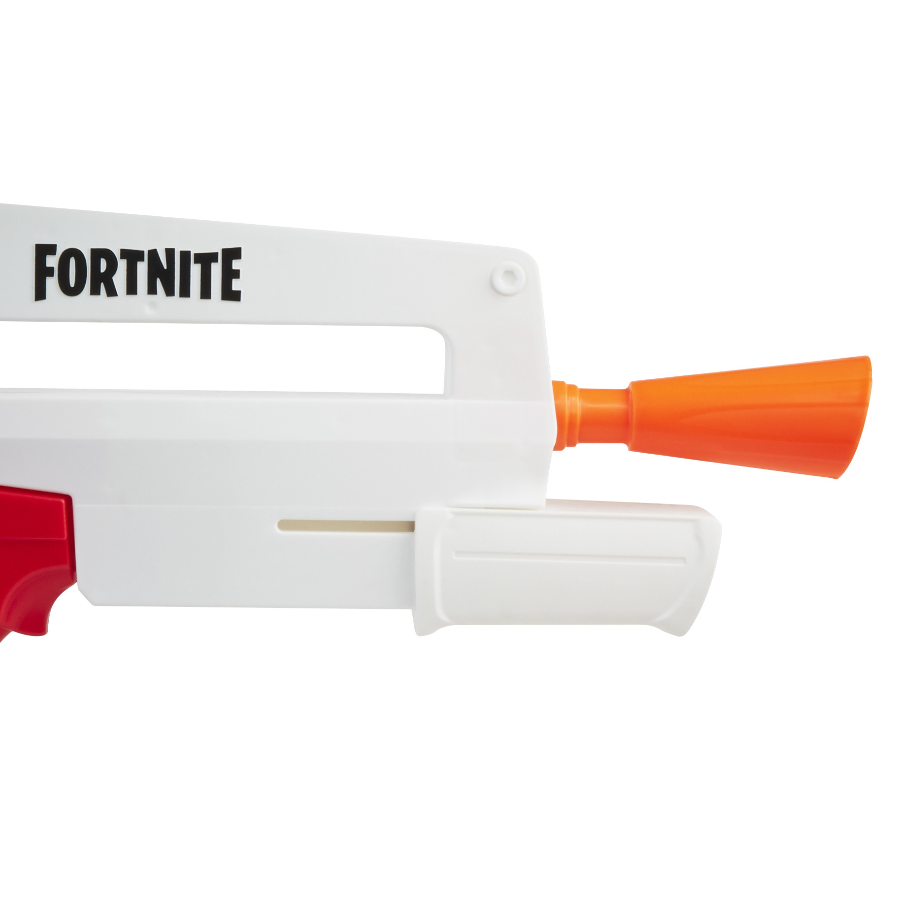 Una pistola de agua Fortnite blanca y roja con boquilla naranja. La palabra FORTNITE está impresa en negro en el lateral.