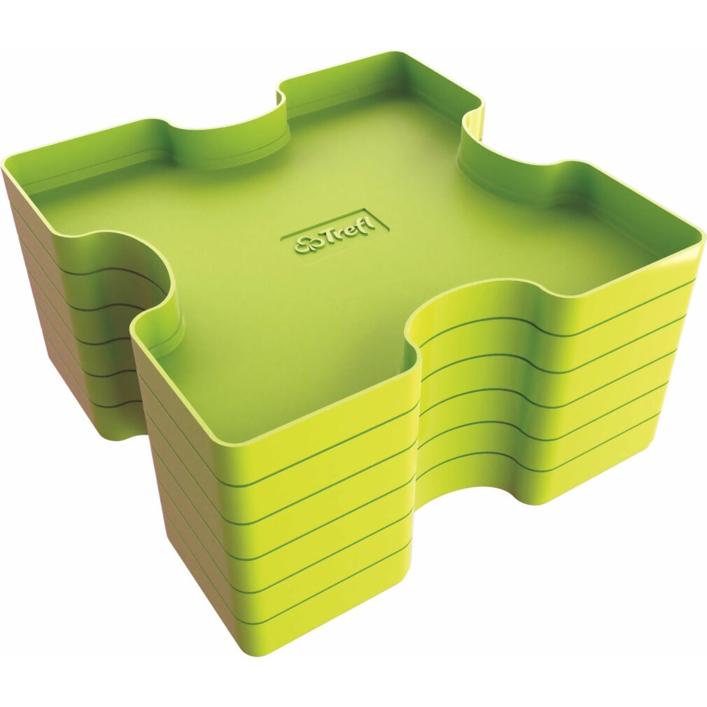 Un contenitore verde a forma di puzzle. Ha una parte superiore piatta e lati con linee orizzontali. Il logo 'Tref' è impresso sopra.