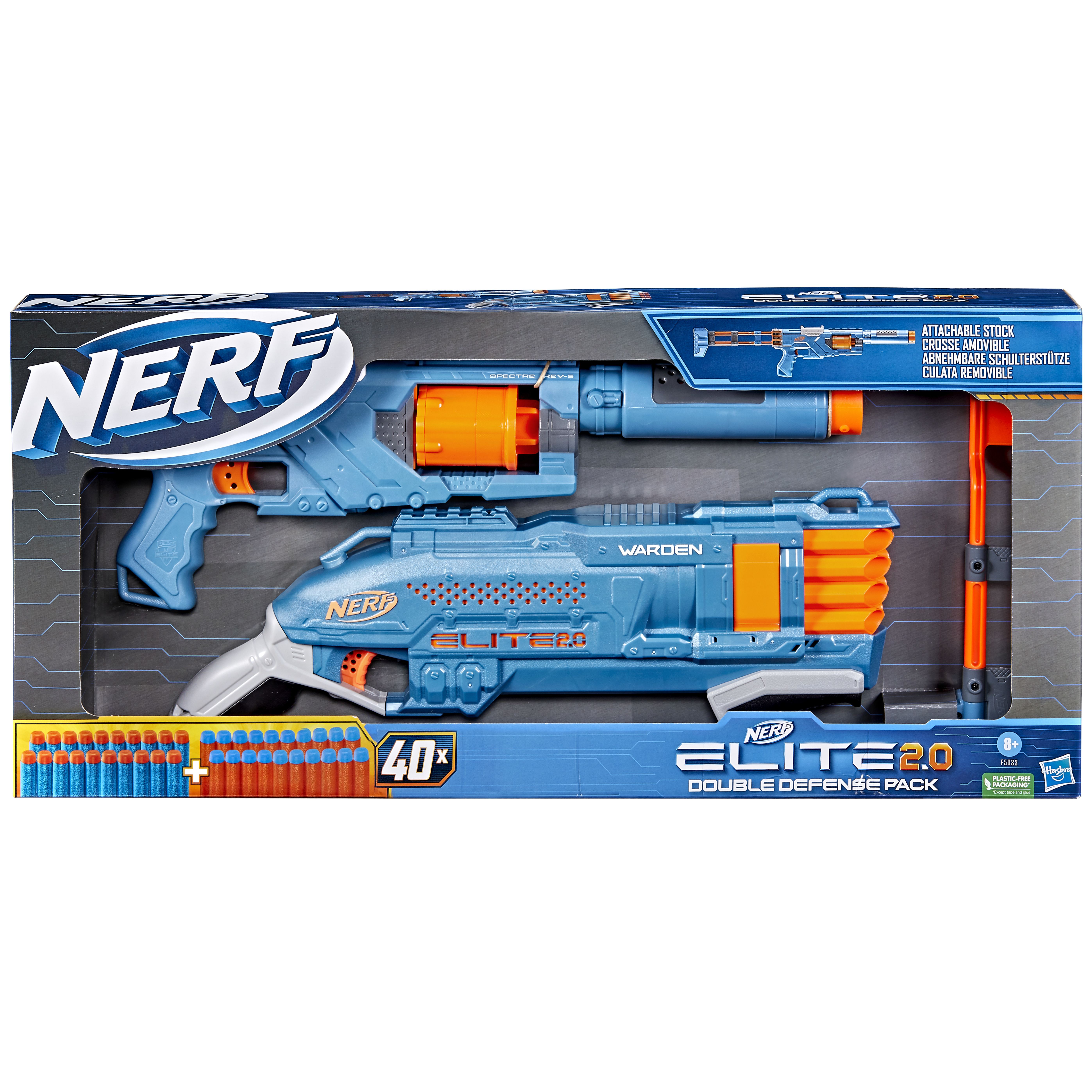 Gezeigt wird ein Nerf Elite 2.0 Double Defense Pack. Es enthält zwei Spielzeugpistolen und 40 Darts in einer blau-orangen Box.