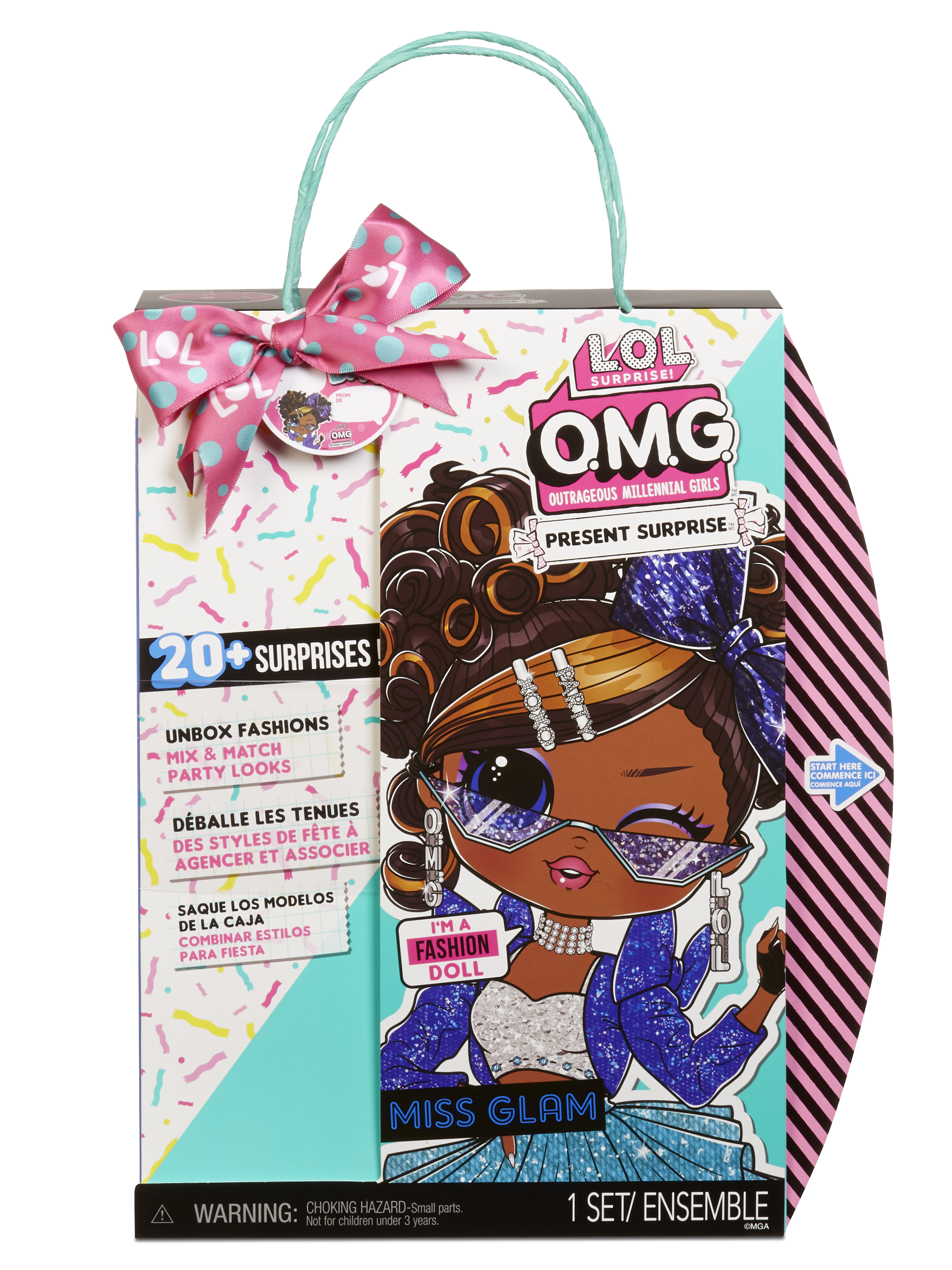 Pudełko Miss Glam LOL Surprise. Ma różową kokardę i rysunek lalki w okularach przeciwsłonecznych.