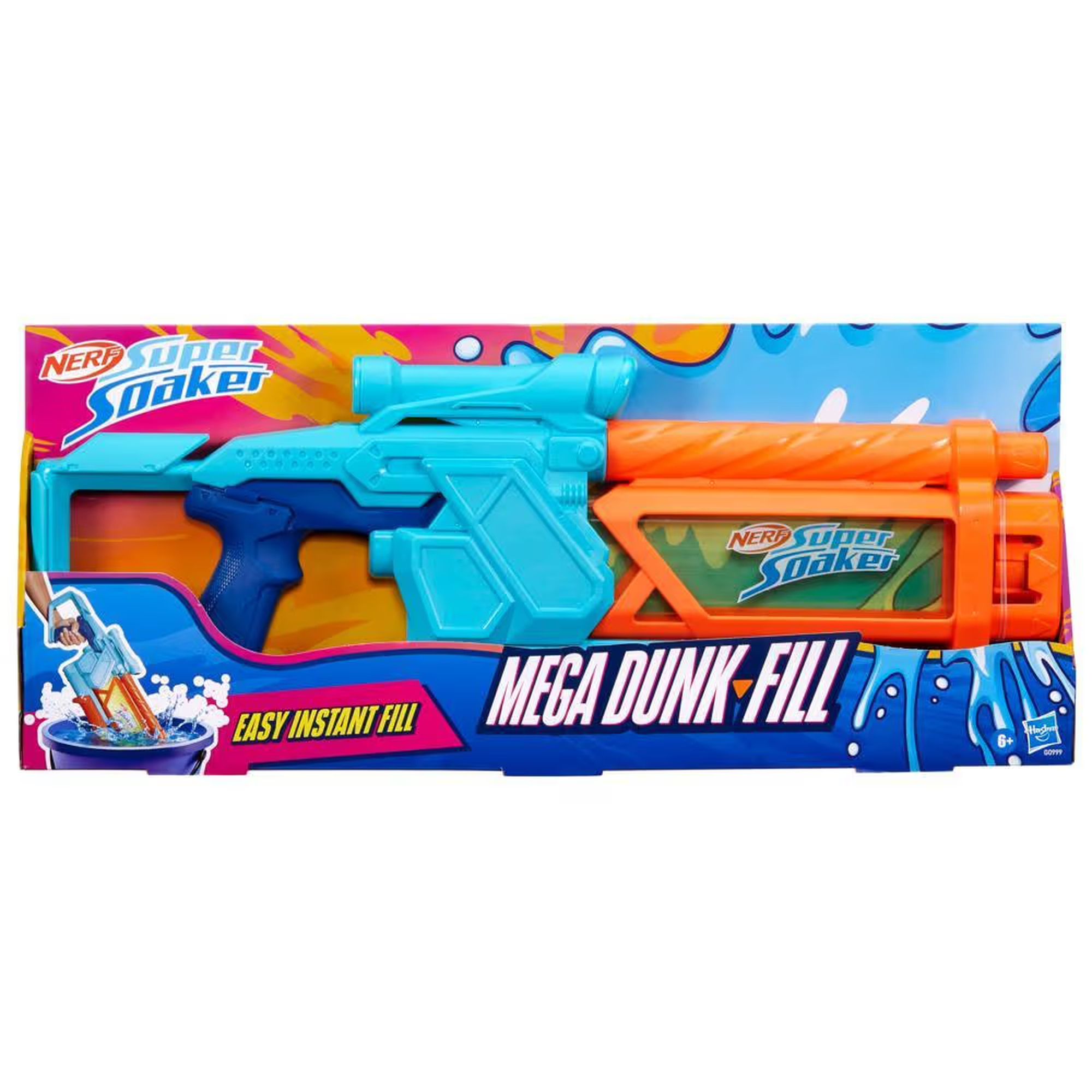 Eine Nerf Super Soaker Wasserpistolenbox. Sie ist blau und orange, mit den Texten 'Mega Dunk Fill' und 'Easy Instant Fill'.