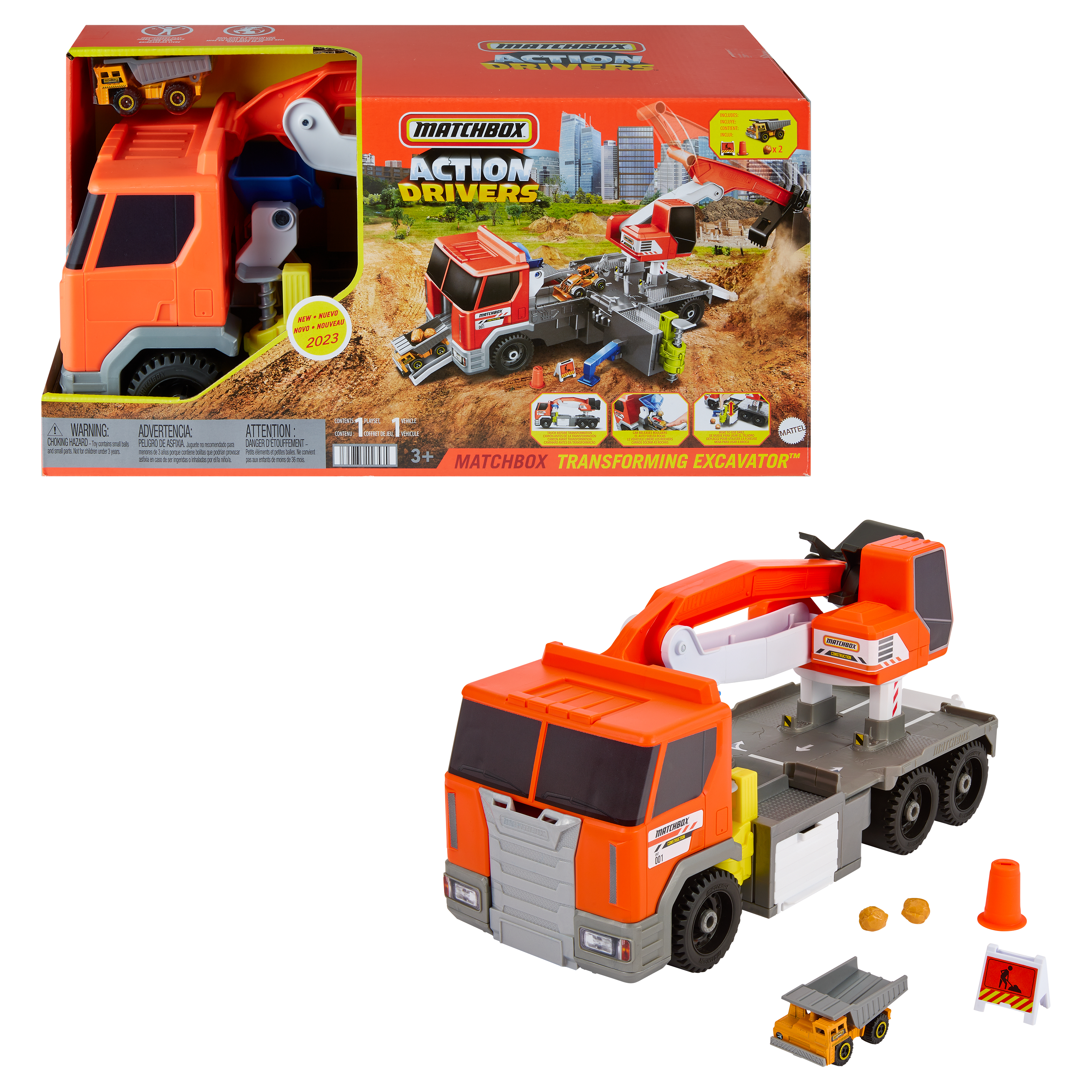 Un set di giocattoli Matchbox Transforming Excavator arancione con camion, gru e accessori, su sfondo bianco.