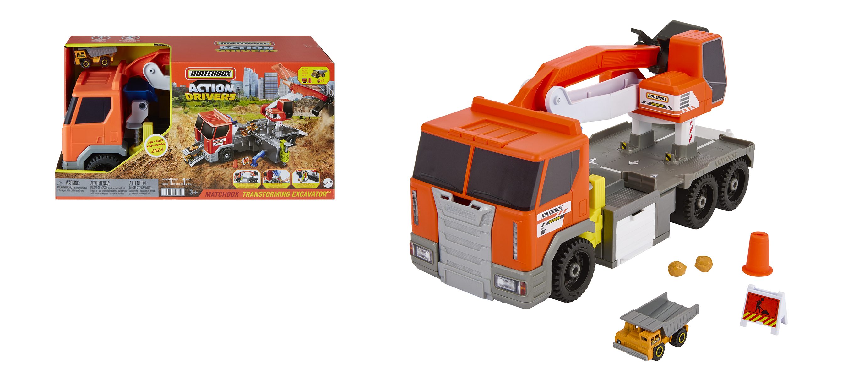 Un set di giocattoli Matchbox Transforming Excavator arancione con camion, gru e accessori, tra cui un autocarro con cassone ribaltabile e un cartello stradale.