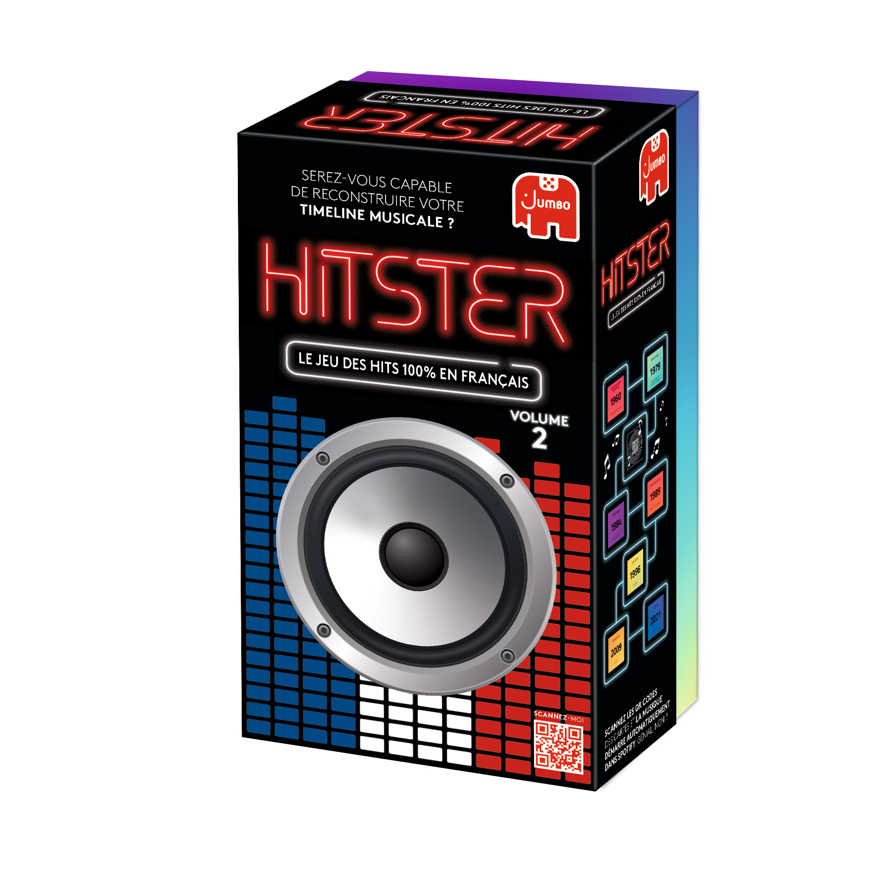 Grafika pudełka do gry muzycznej Hitster Volume 2. Zawiera głośnik, francuską flagę i neonowy czerwony tekst.