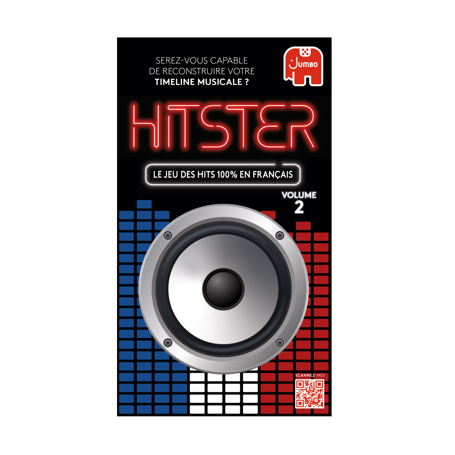 Plakat do gry planszowej Hitster Volume 2. Zawiera głośnik, logo i tekst w języku francuskim.