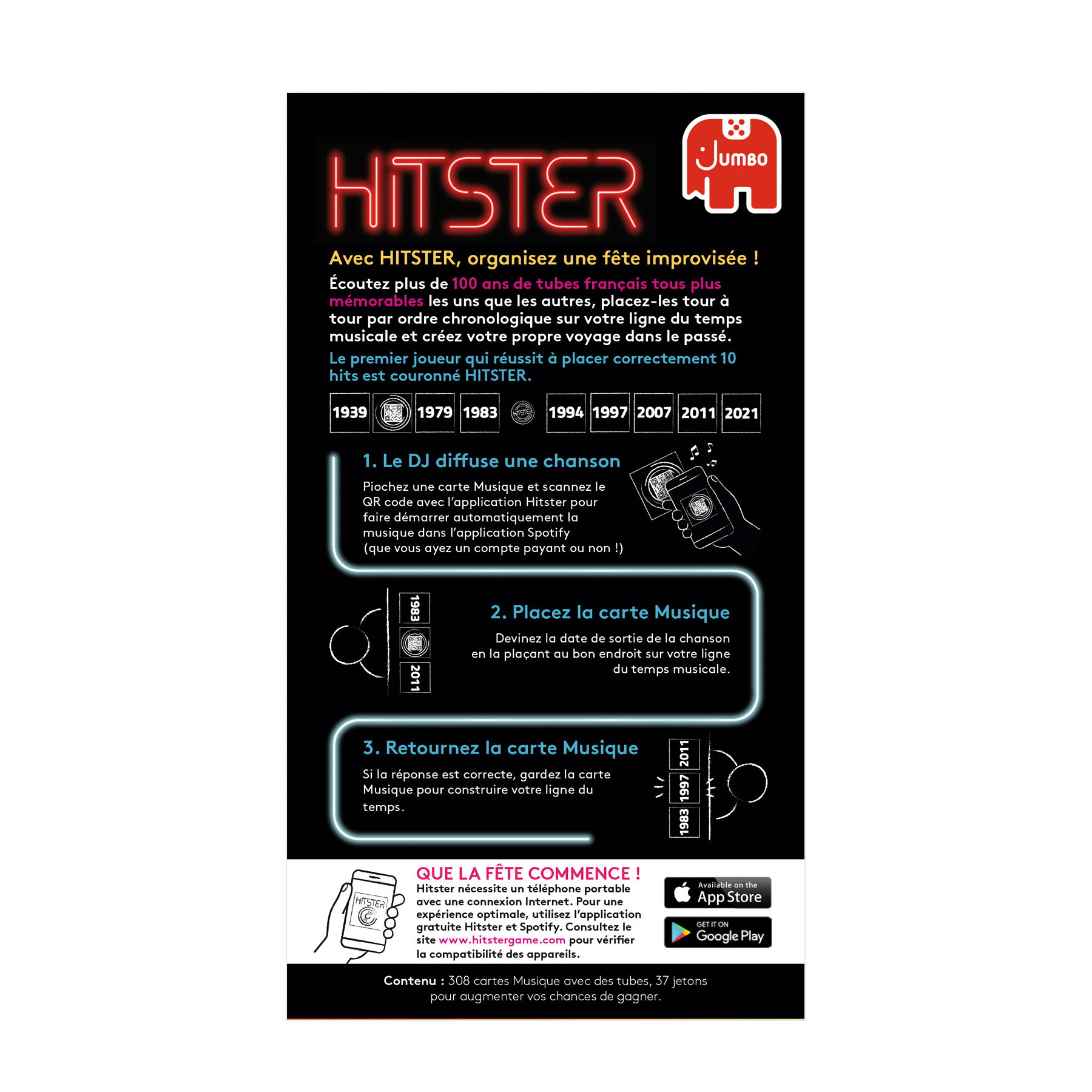 Plakat do gry Hitster. Czerwony neon, instrukcje gry, lata, telefon z aplikacją i logo Jumbo.