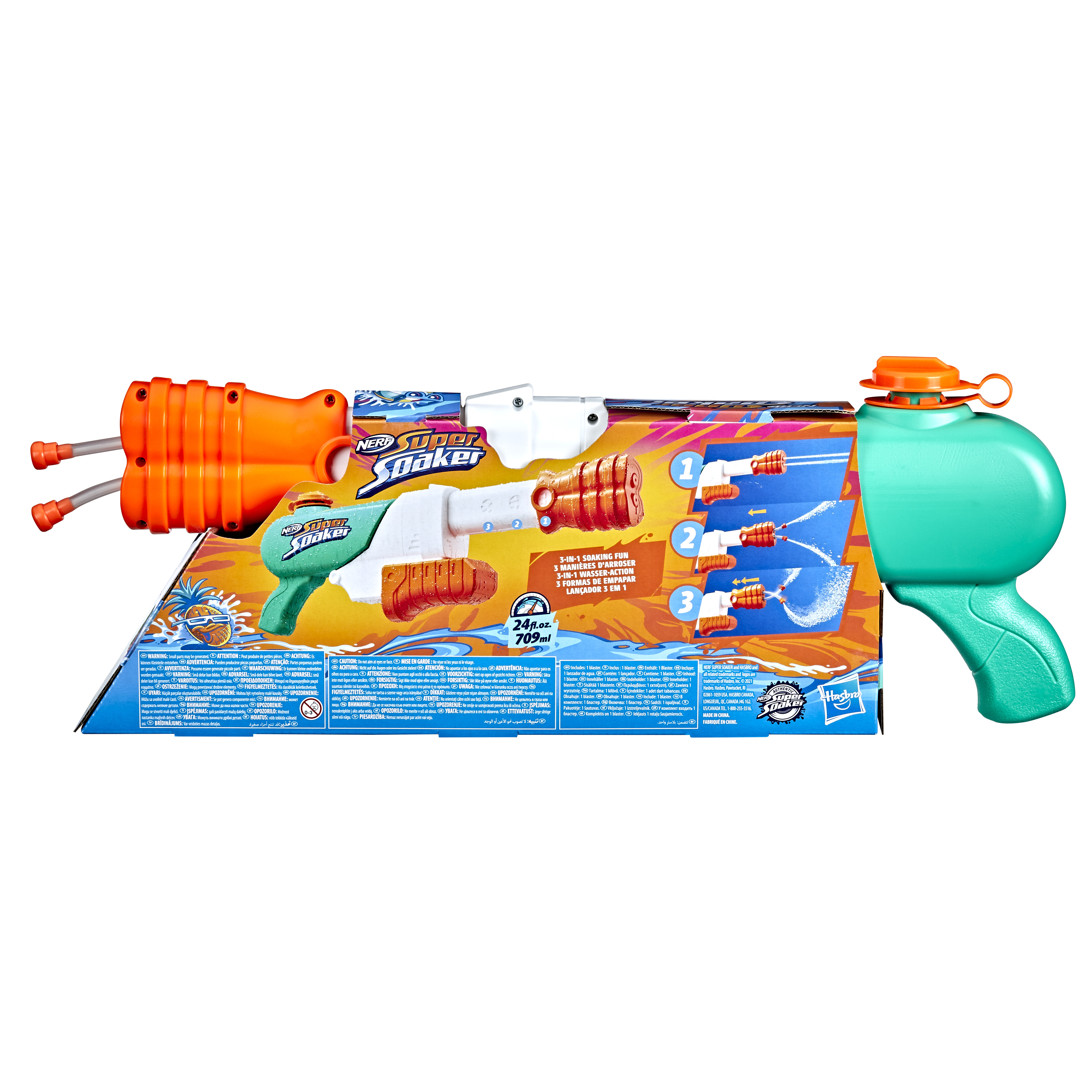 Pistolet na wodę Nerf Super Soaker w opakowaniu. Jest pomarańczowy, biały i niebiesko-zielony.