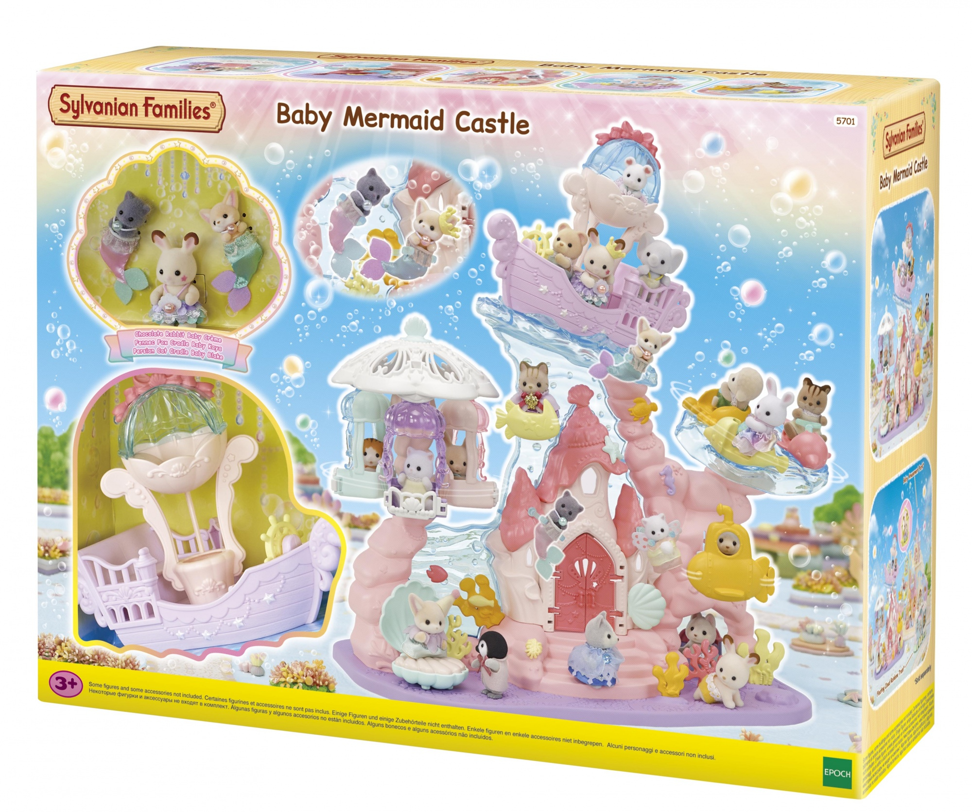 Grafika pudełka zestawu do zabawy Sylvanian Families Baby Mermaid Castle z różnymi figurkami zwierząt i elementami zamku.