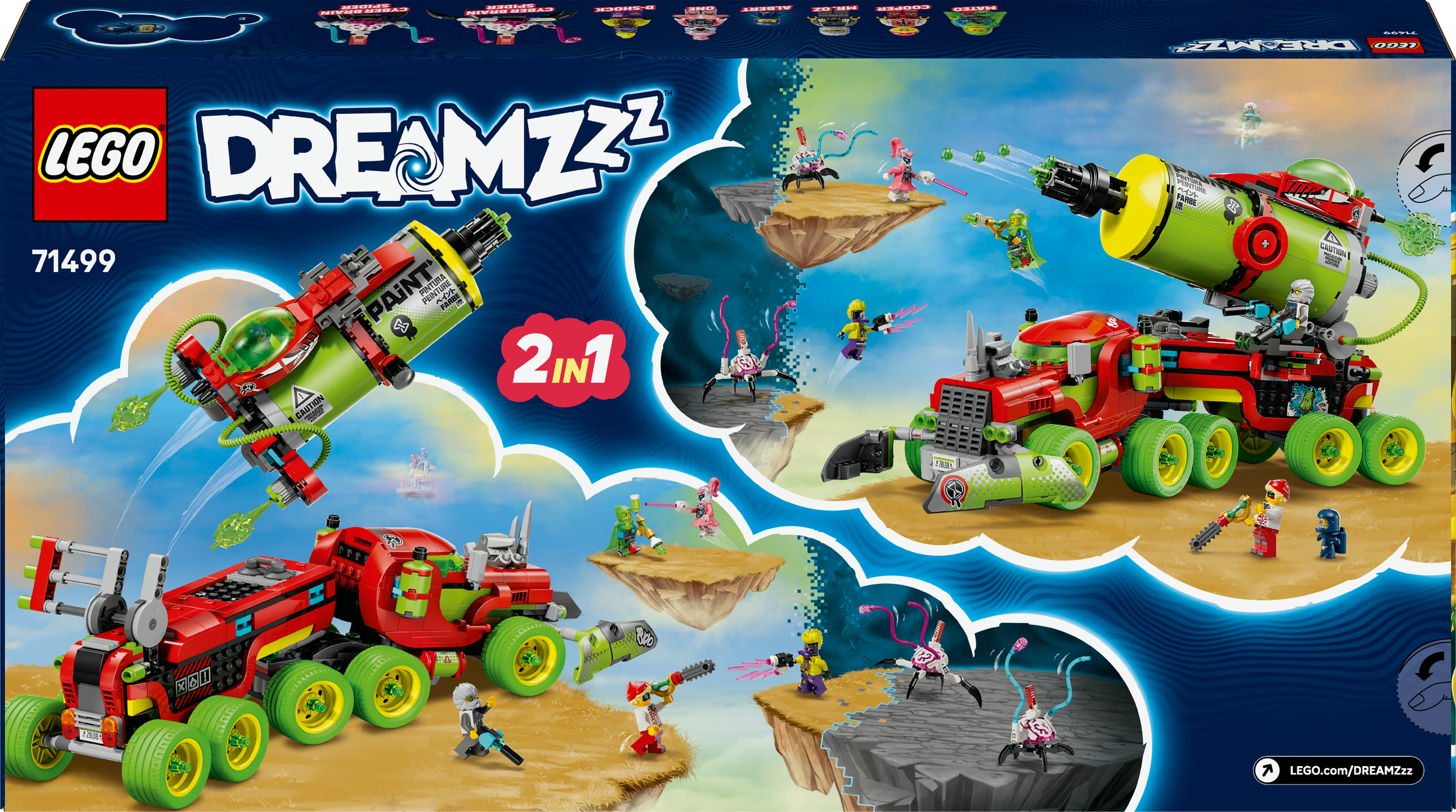 Zestaw LEGO Dreamzzz. Czerwony i zielony pojazd z dużymi kołami. Postacie walczą na pływających wyspach.