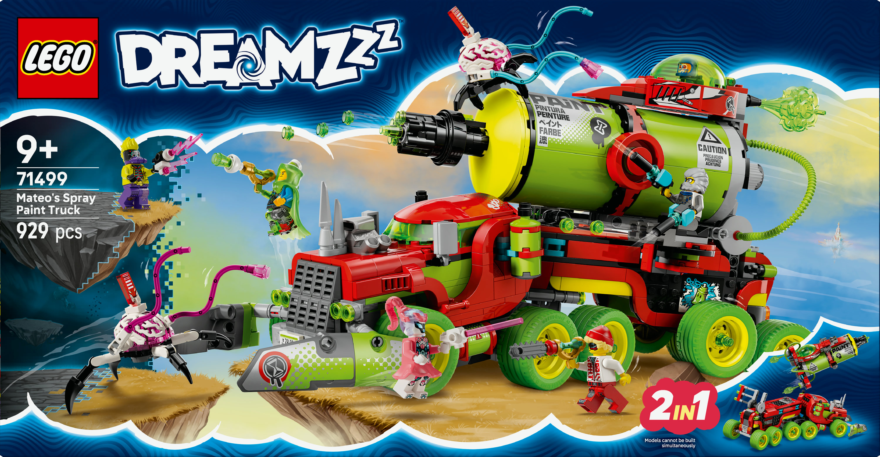 Zestaw Lego Dreamzzz z czerwono-zieloną ciężarówką malarską, figurkami i akcesoriami. Na pudełku 929 elementów i 2 w 1.