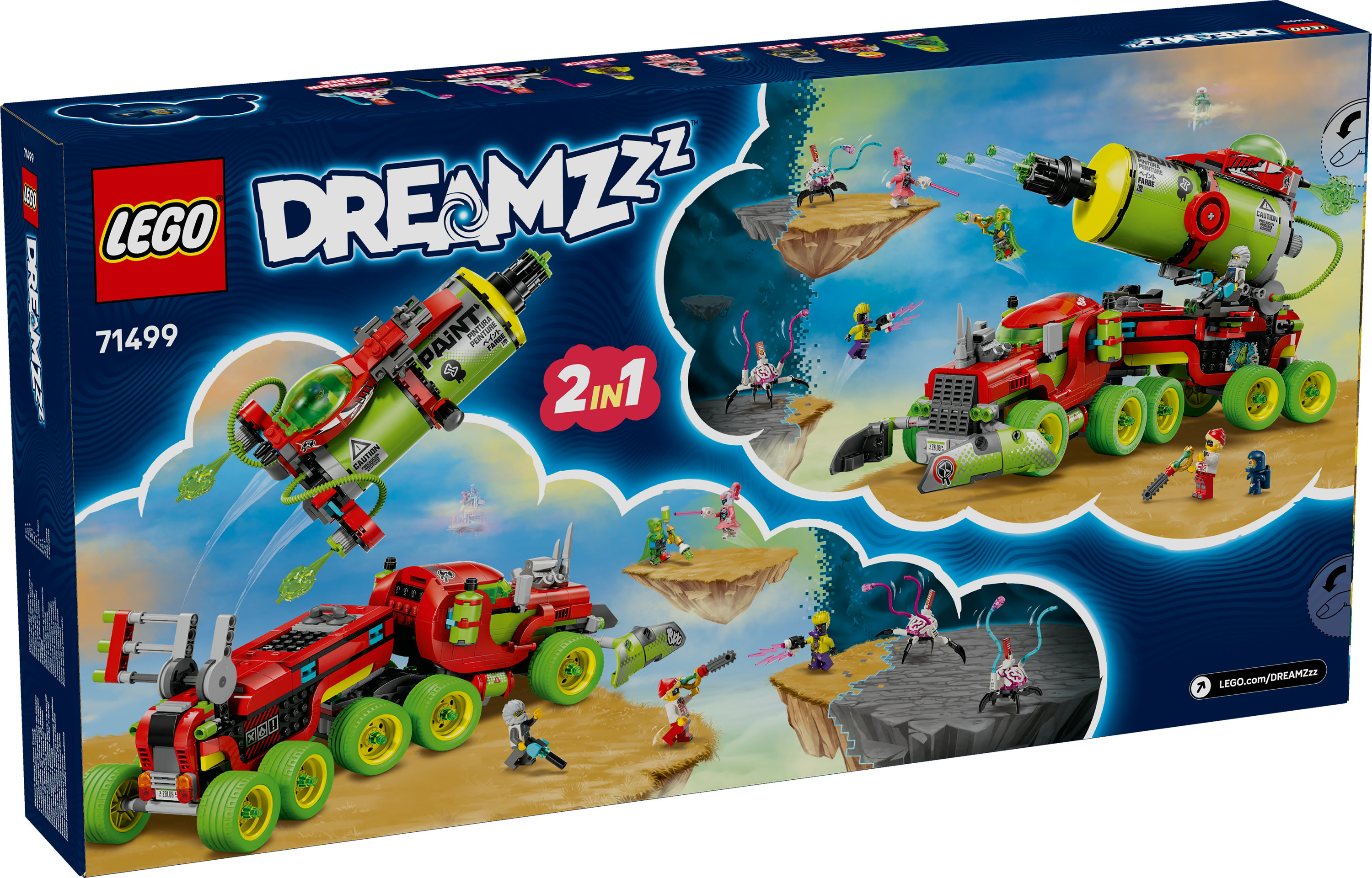Zestaw pudełkowy Lego Dreamzzz. Pokazuje dwie czerwono-zielone ciężarówki-zabawki. Figurki Lego walczą na pływających wyspach.
