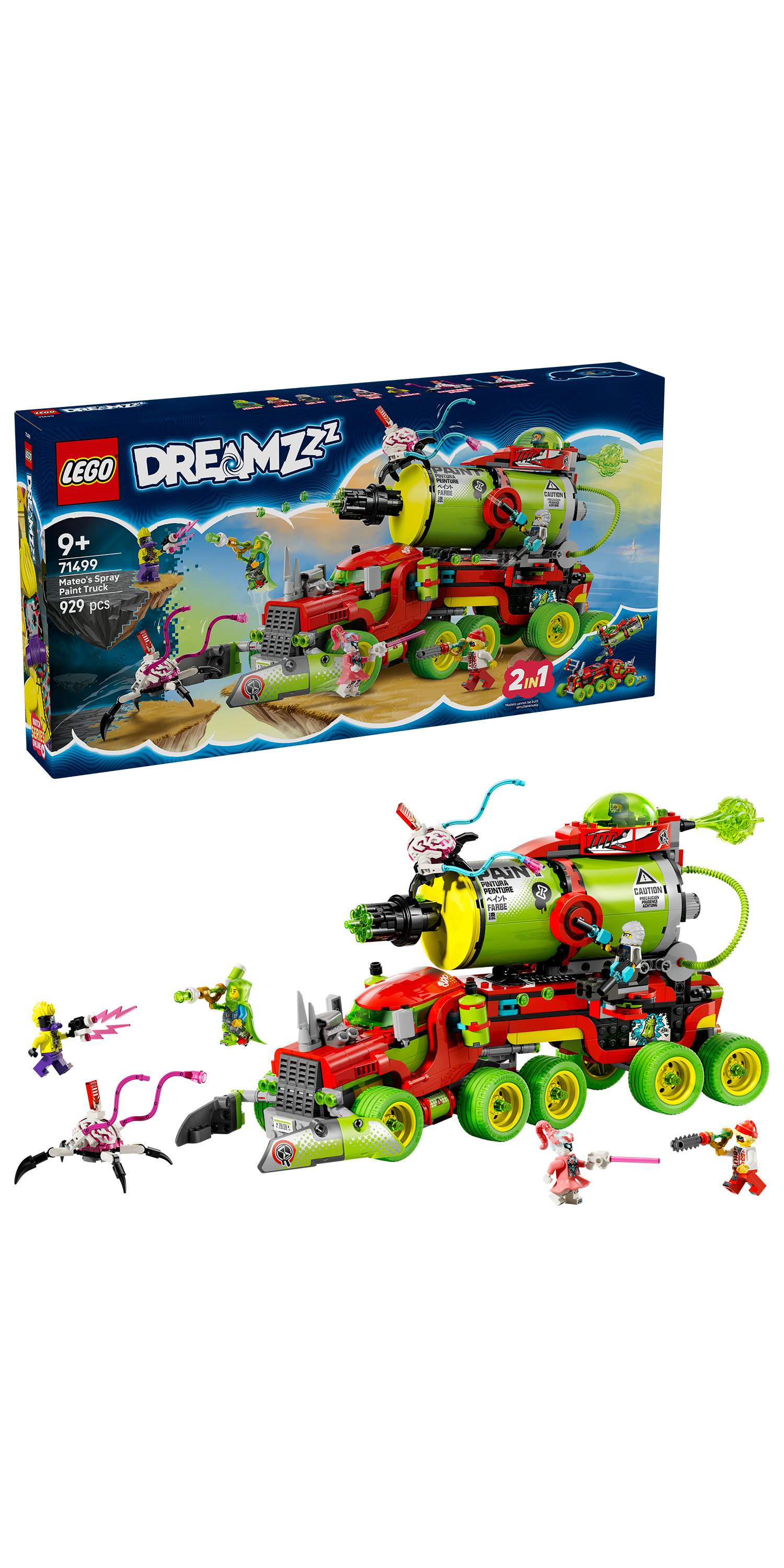 Zestaw Lego Dreamzzz. Czerwono-zielona ciężarówka z wieloma figurkami Lego. Pudełko zawiera nazwę zestawu, Mateo's Spray Paint Truck.