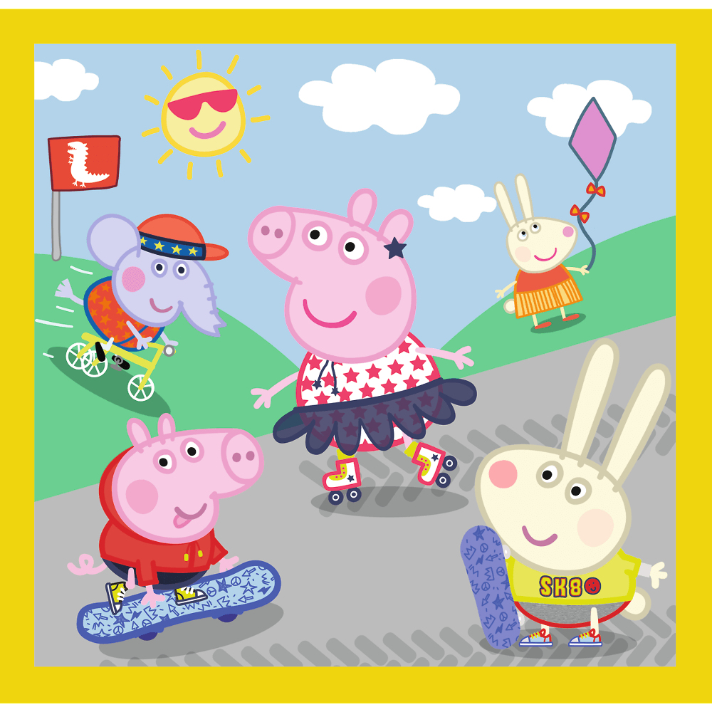 Cartoon scene with Peppa Pig and friends. Characters are skating, riding a bike, and flying a kite under a sunny sky.