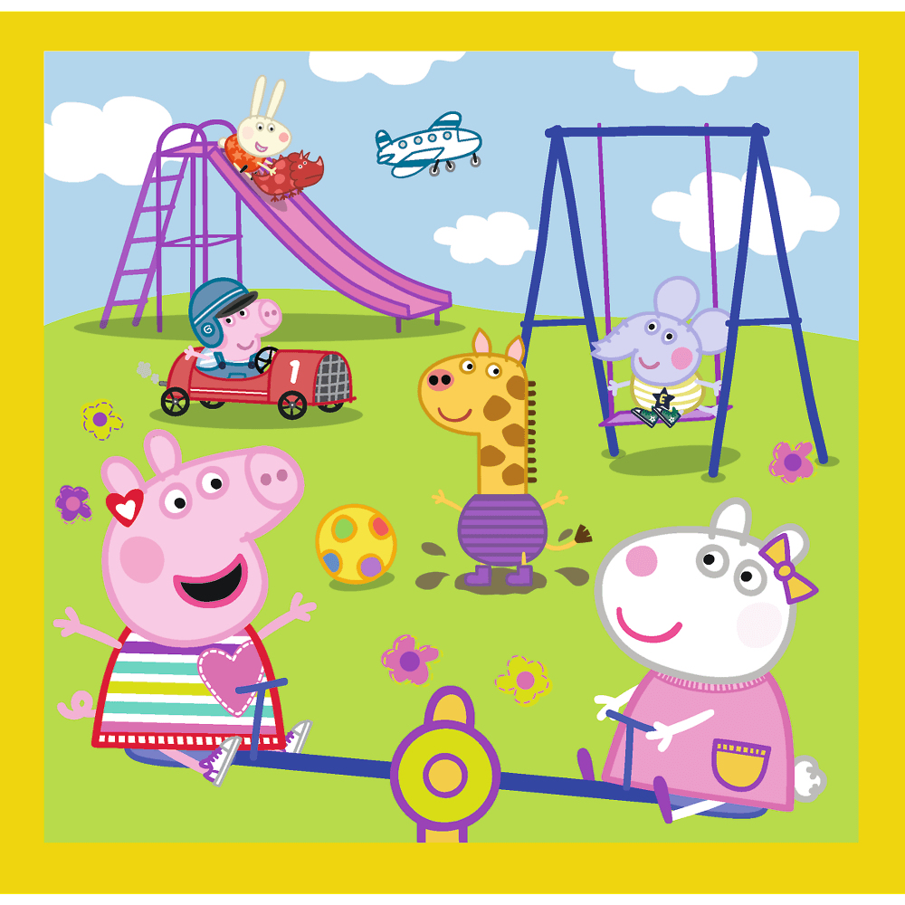 Cartoon playground scene with animals: pig on a car, giraffe, elephant on swing, rabbit on slide, and two pigs on a seesaw.