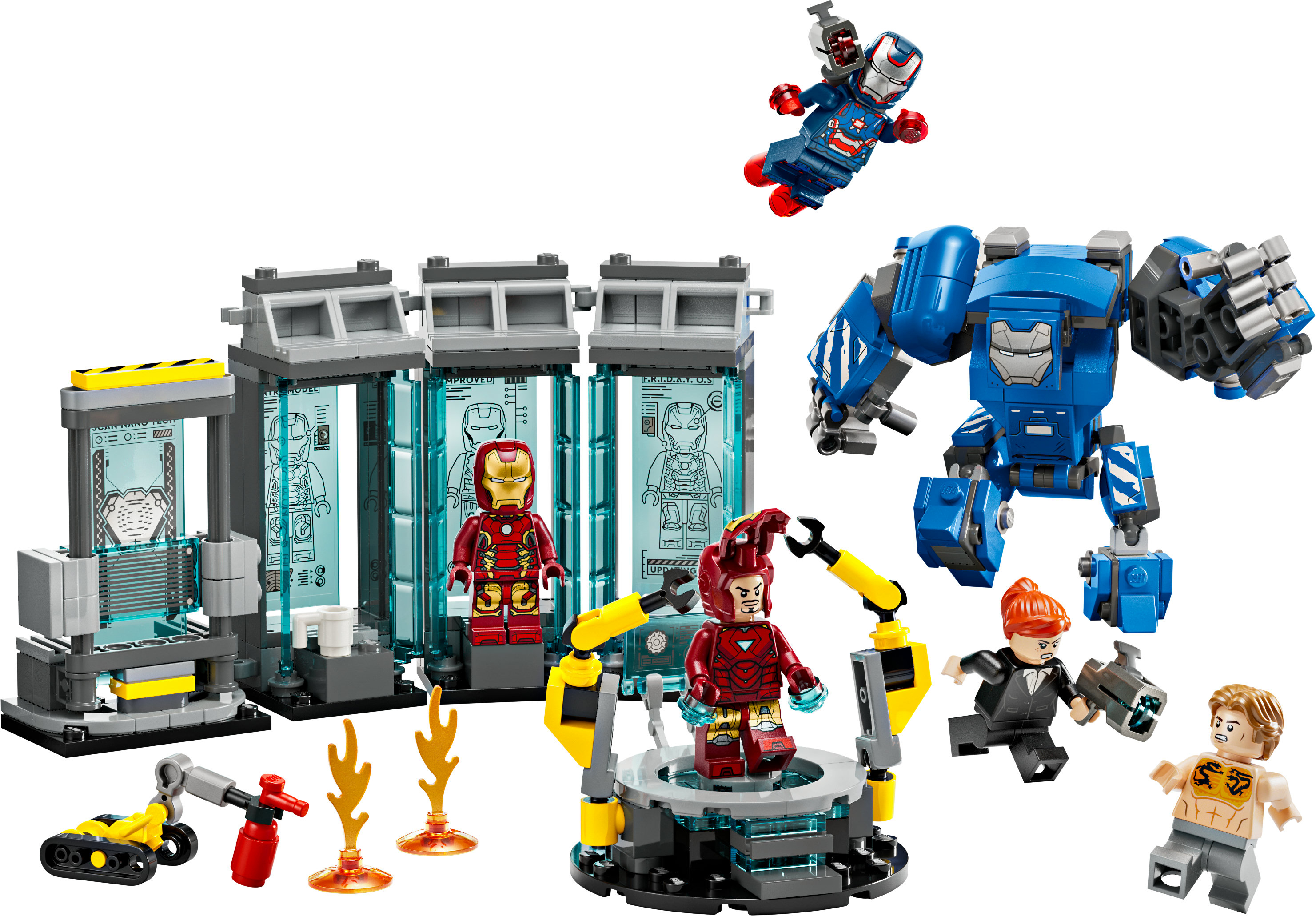 Zestaw Lego przedstawiający laboratorium Iron Mana z figurkami i pojazdami. Zawiera Iron Mana, War Machine i inne postacie.