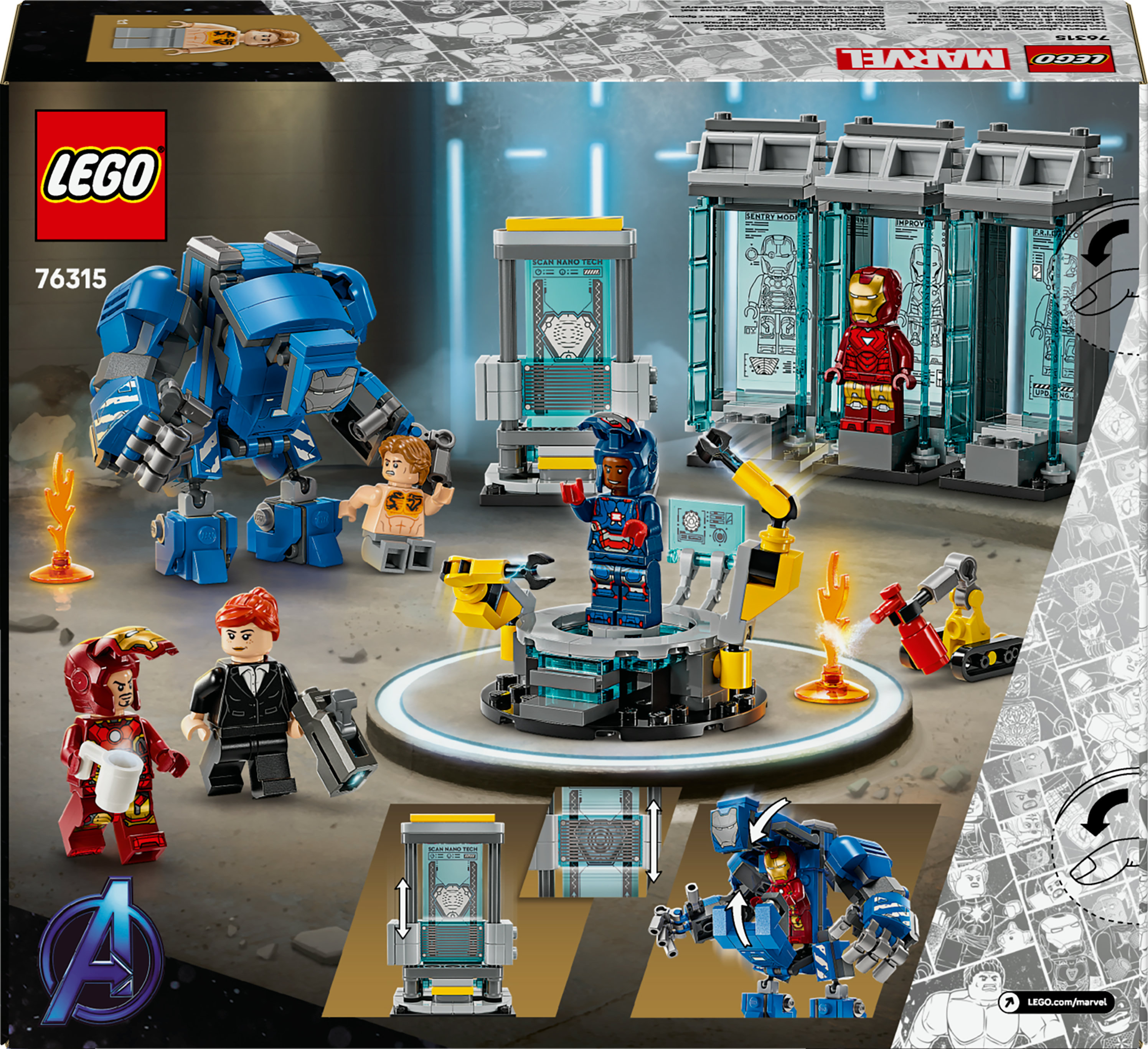 Zestaw Lego przedstawiający Iron Mana, Hulkbustera i inne postacie. Zawiera różne symbole techniczne i Marvela.
