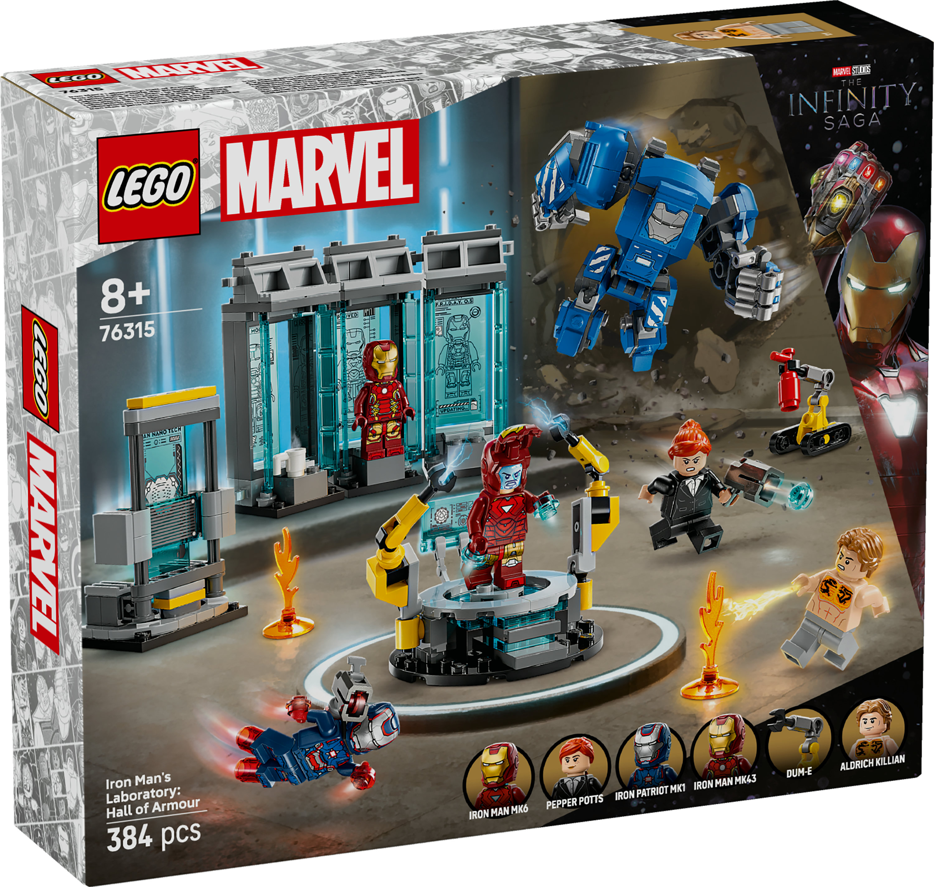 Pudełko LEGO z Halą Zbroi Iron Mana. Zawiera minifigurki i niebieski mech. Widoczne logo Infinity Saga.