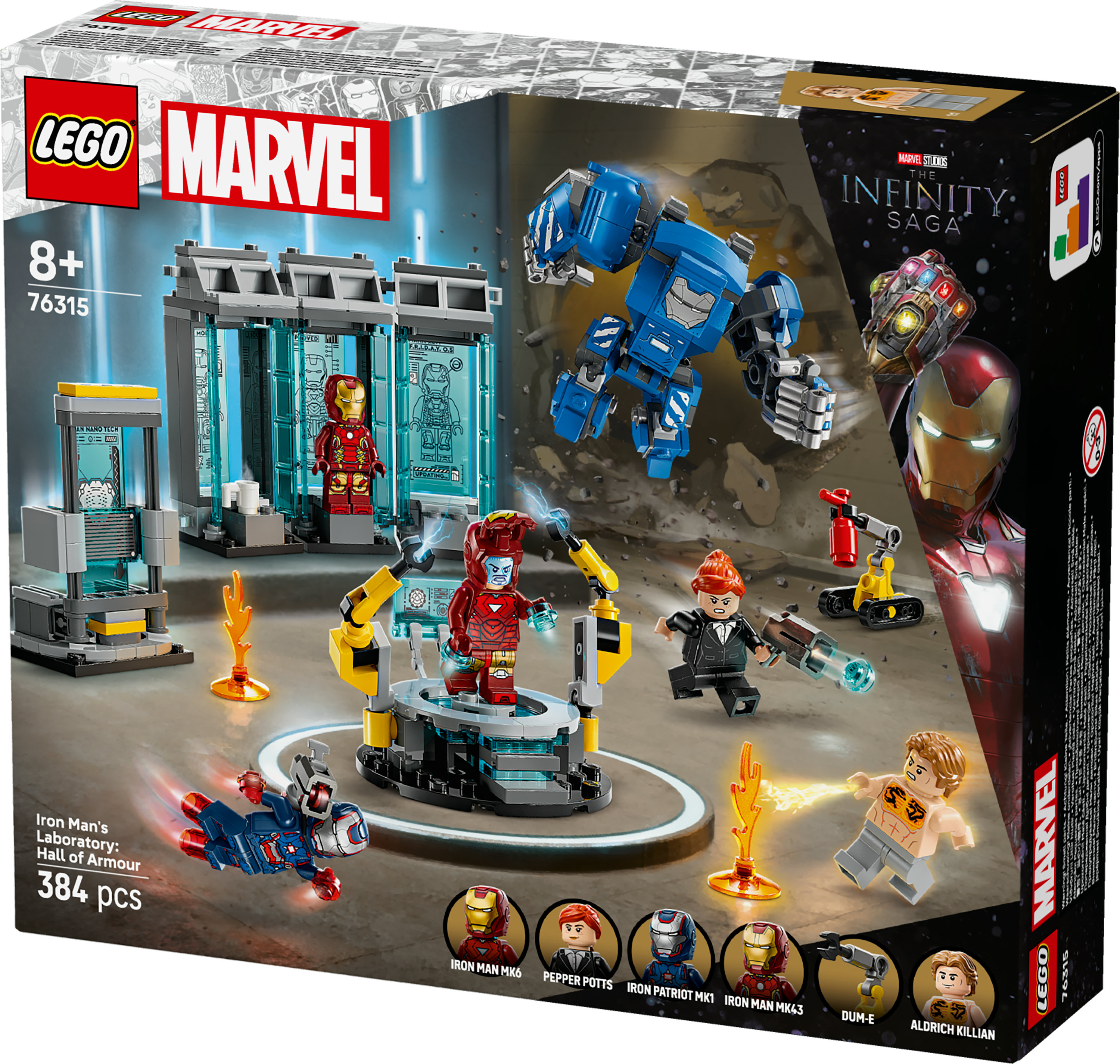 Zestaw Lego przedstawiający Salę Zbroi Iron Mana, z figurkami Iron Mana i złoczyńców oraz niebieskim mechem.