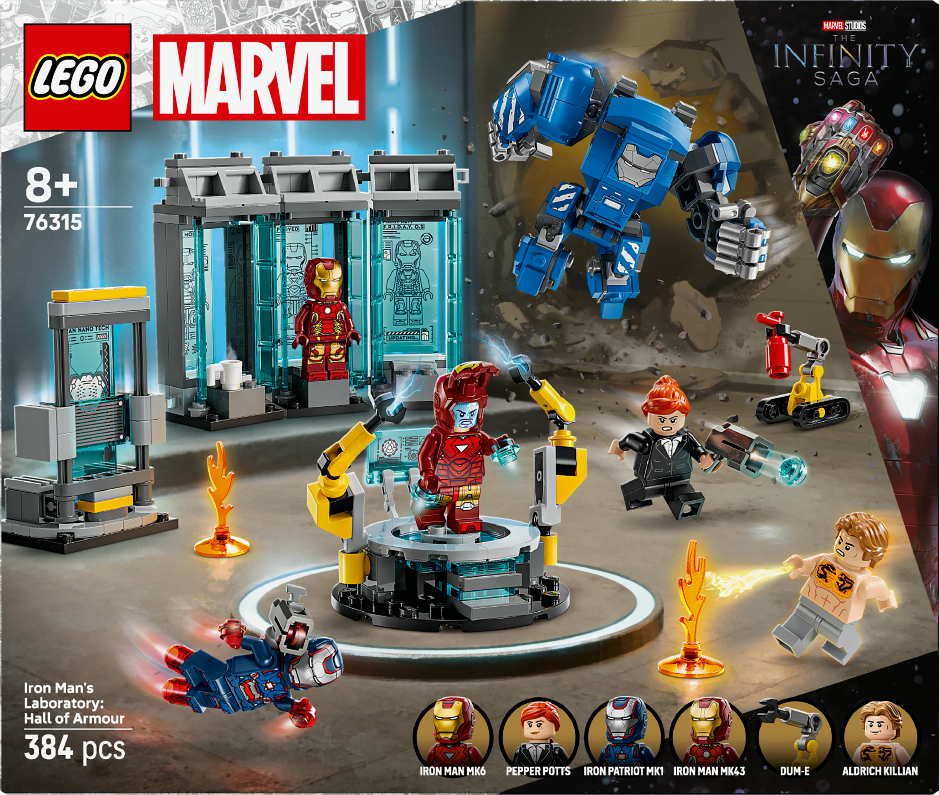 Zestaw Lego przedstawiający laboratorium Iron Mana z minifigurkami, zbrojami Iron Mana, niebieskim robotem i akcesoriami.