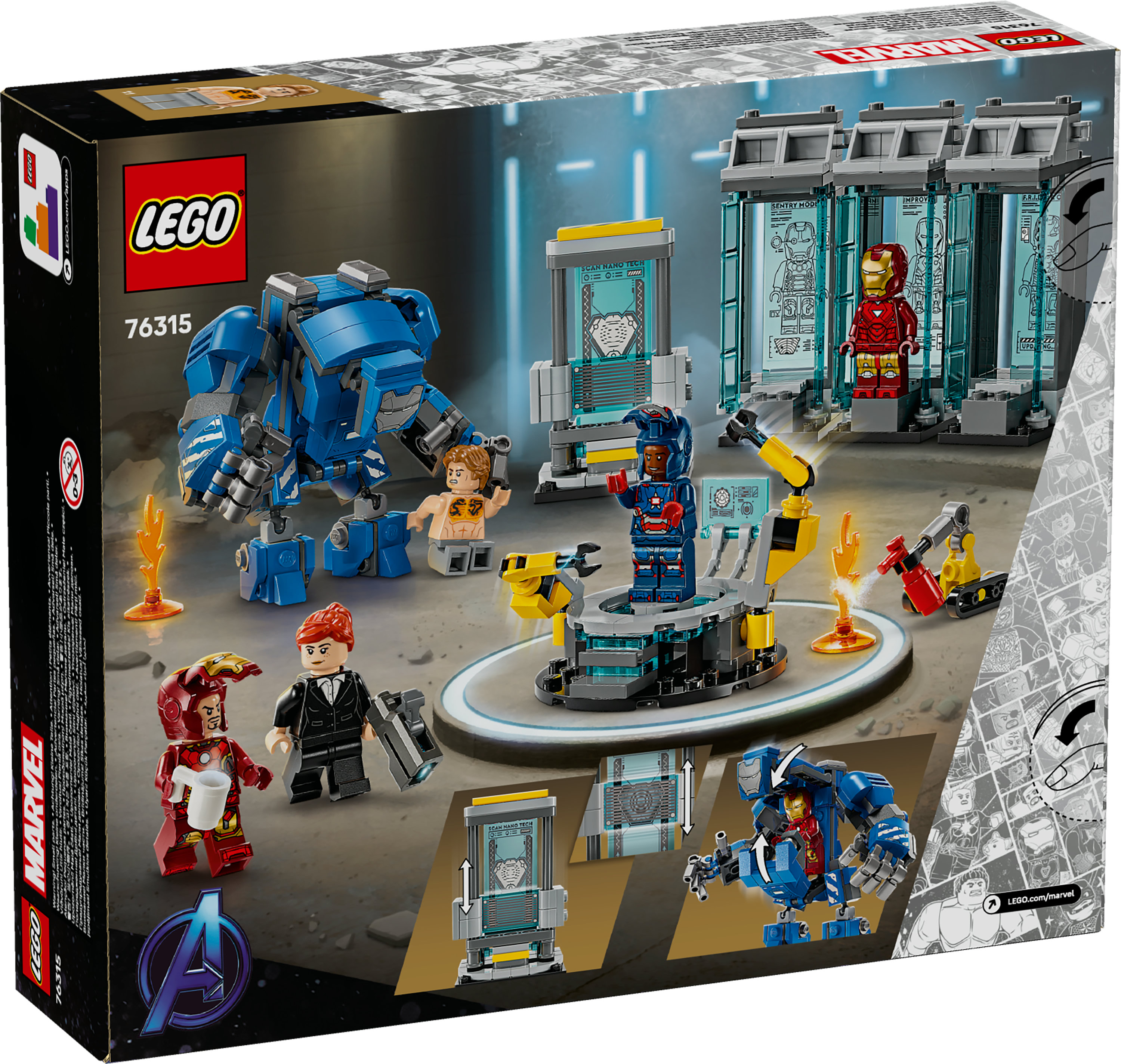 Pudełko Lego z figurkami Iron Mana, niebieskim mechem, otoczeniem laboratorium i logo Marvel.