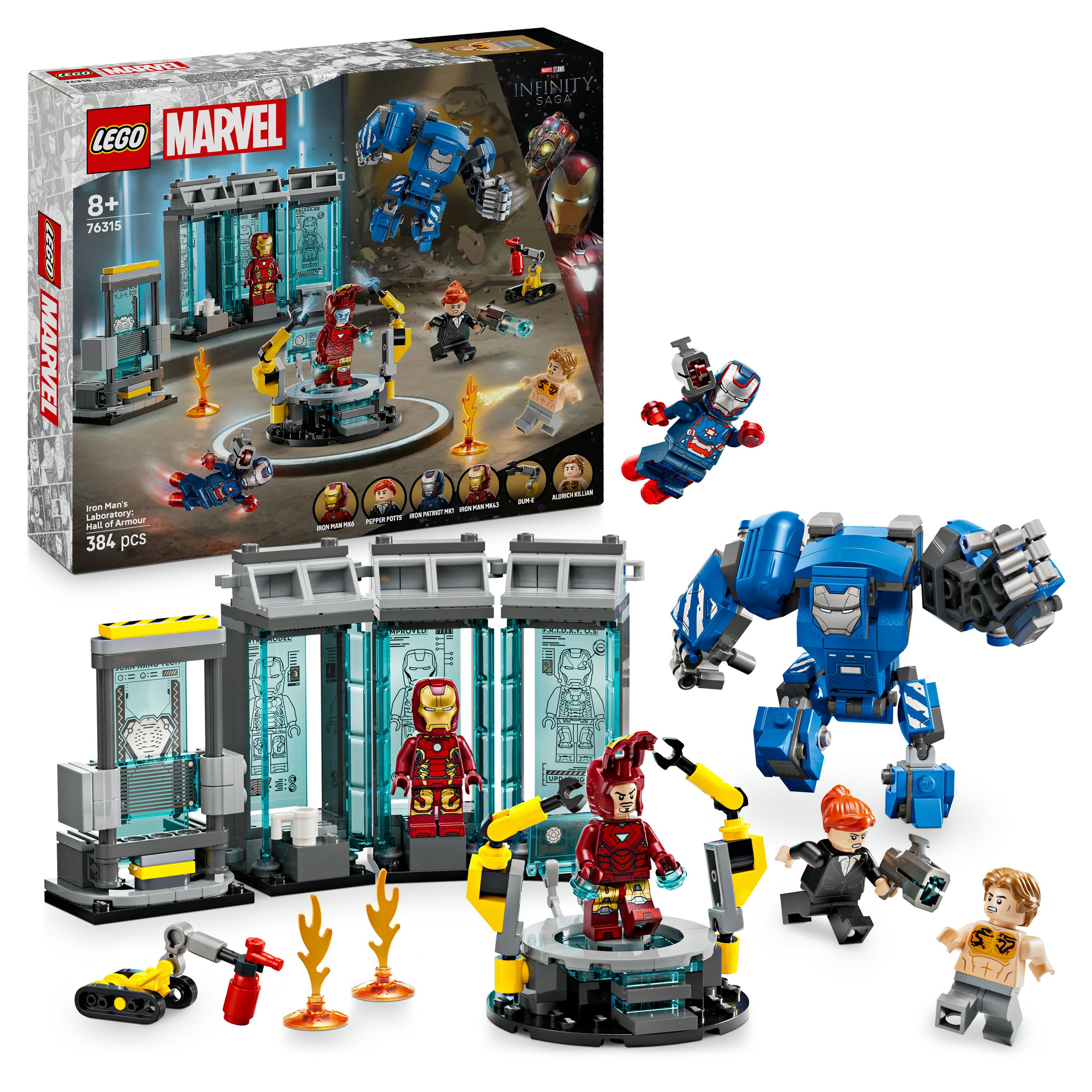 Zestaw LEGO Marvel Iron Man. Zawiera figurki Iron Mana, niebieskiego mecha i elementy laboratorium.
