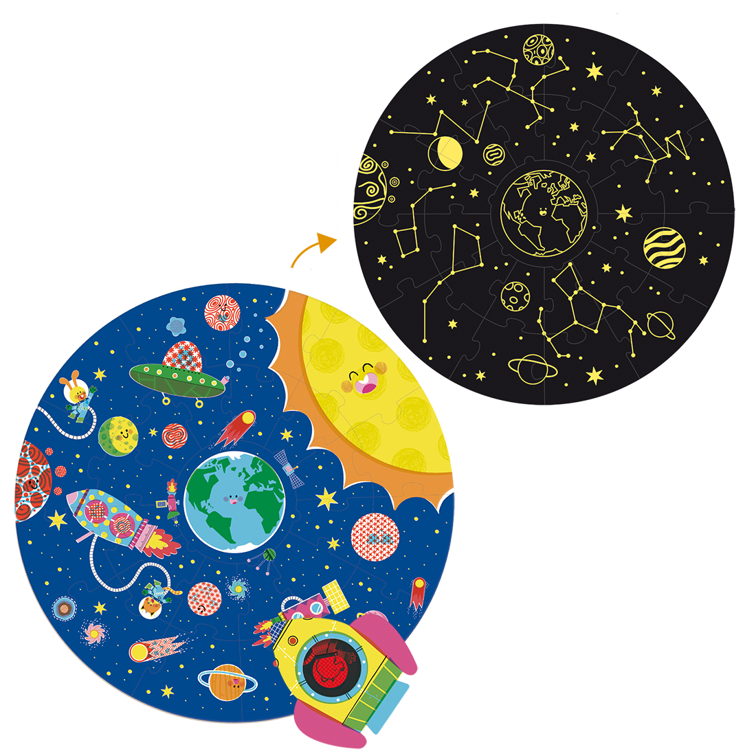 Kolorowa układanka o tematyce kosmicznej. Ma planety, słońce, rakietę i gwiazdy. Druga układanka przedstawia konstelacje.