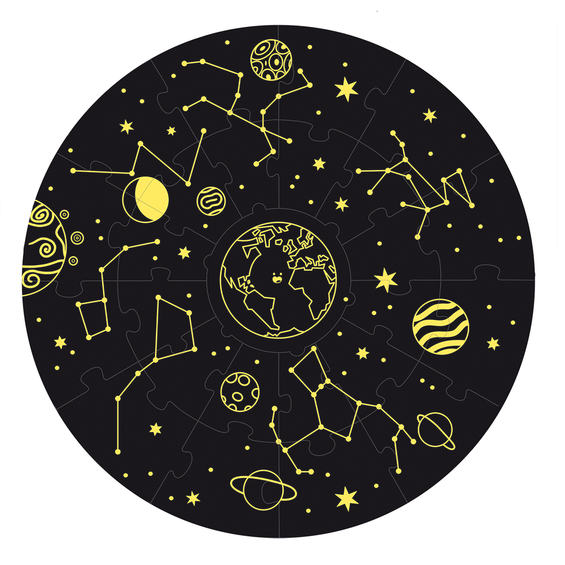 Okrągła układanka z czarnym tłem, żółtymi konstelacjami, planetami, gwiazdami i Ziemią w środku.