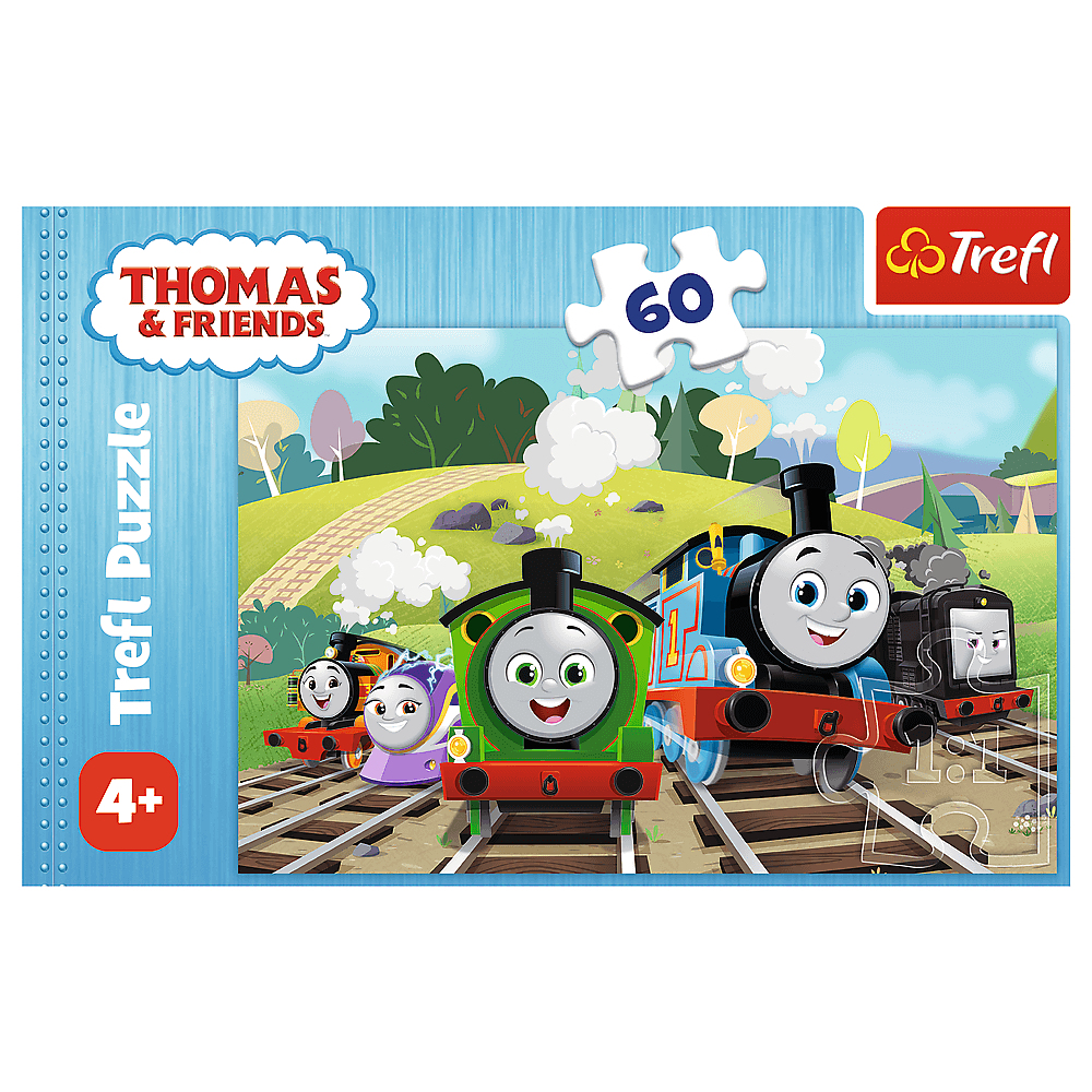 Puzzle Thomas & Friends. Pociągi Percy, Thomas i inni na torach. 60-elementowa układanka z niebieskim tłem i zielonymi wzgórzami.