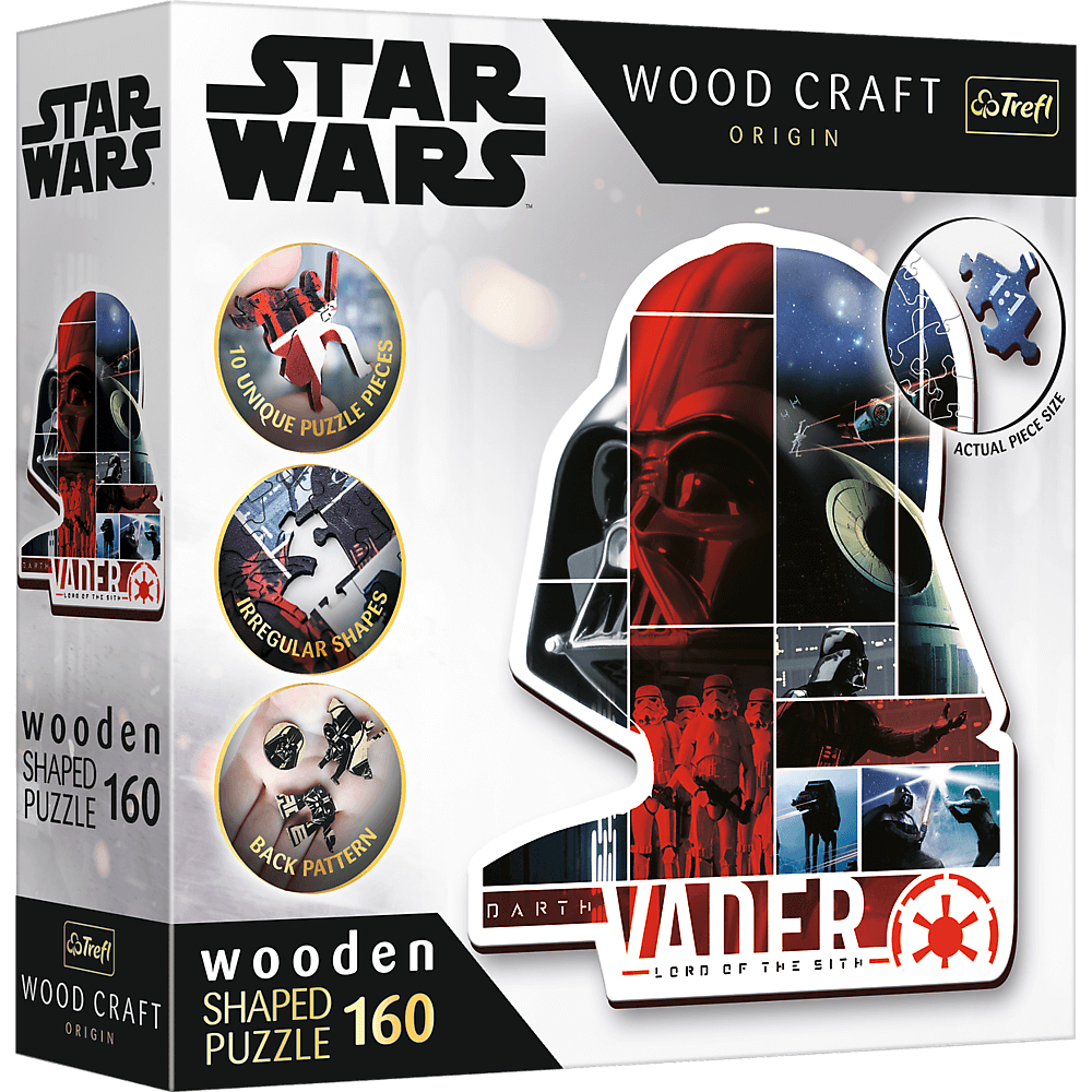 Scatola di puzzle di Star Wars. Presenta l'immagine di Darth Vader, pezzi di puzzle e testo. Include "puzzle di legno 160".