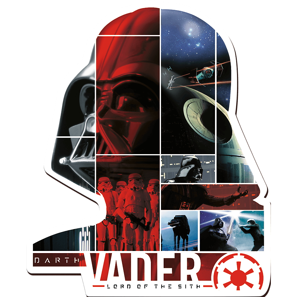 Collage a forma di casco di Darth Vader. Include il volto di Vader, gli stormtrooper, la Morte Nera, i caccia TIE e il logo imperiale.