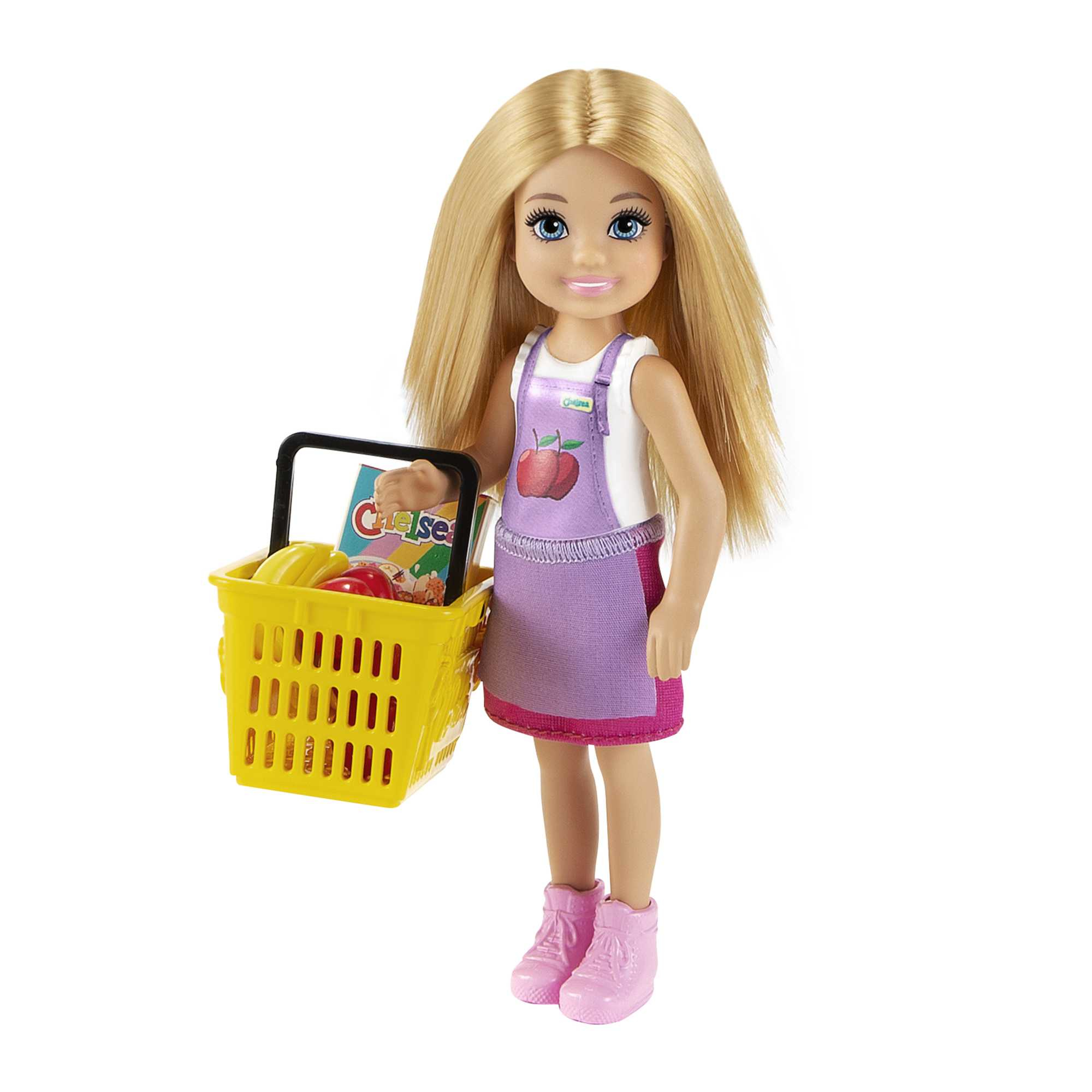Eine Puppe mit blonden Haaren, die eine lila Schürze trägt und einen gelben Korb mit Essen hält. Rosa Schuhe.