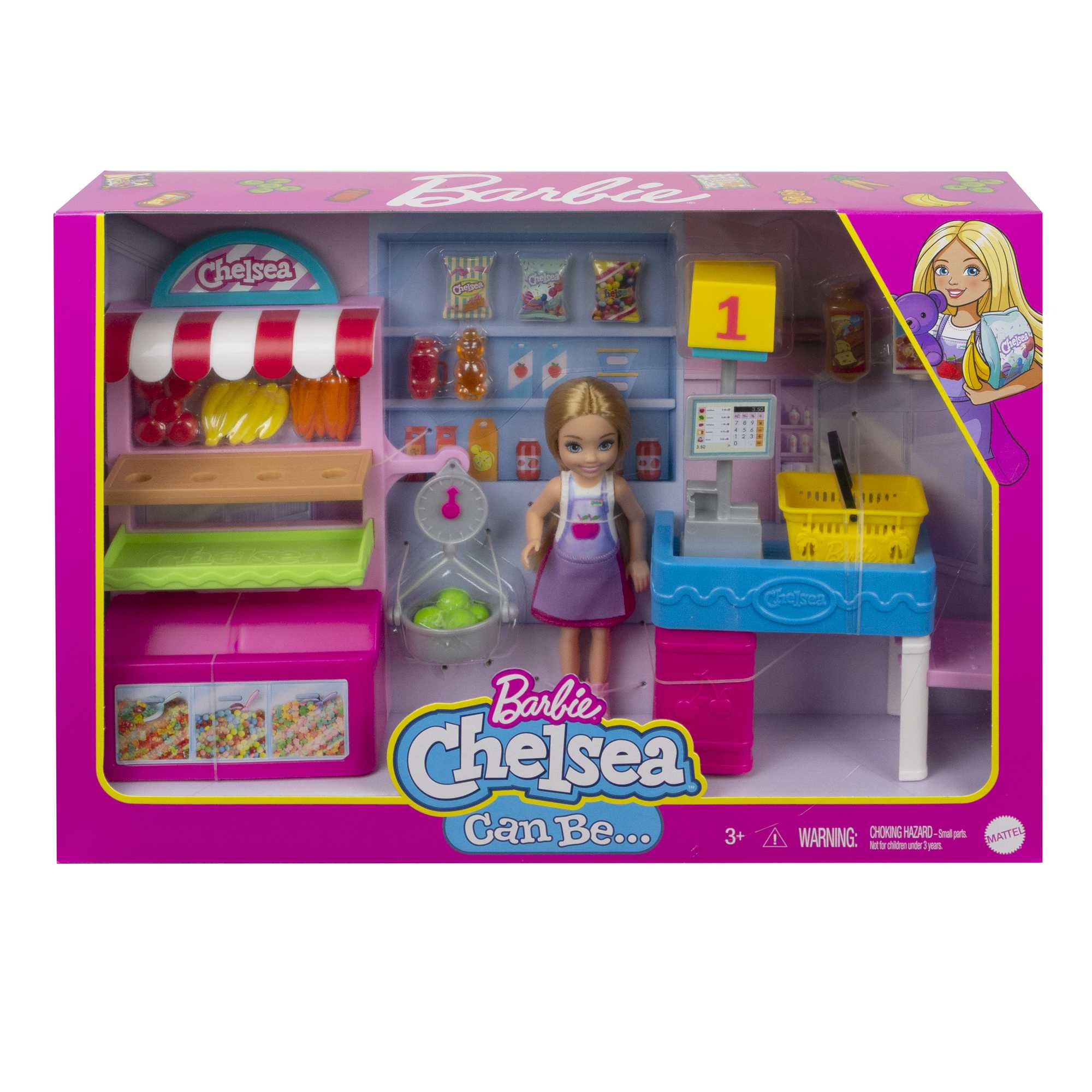 Ein Barbie Chelsea Spielset mit einer Puppe in einer Marktszene. Enthält Obst, Gemüse und eine Kasse.