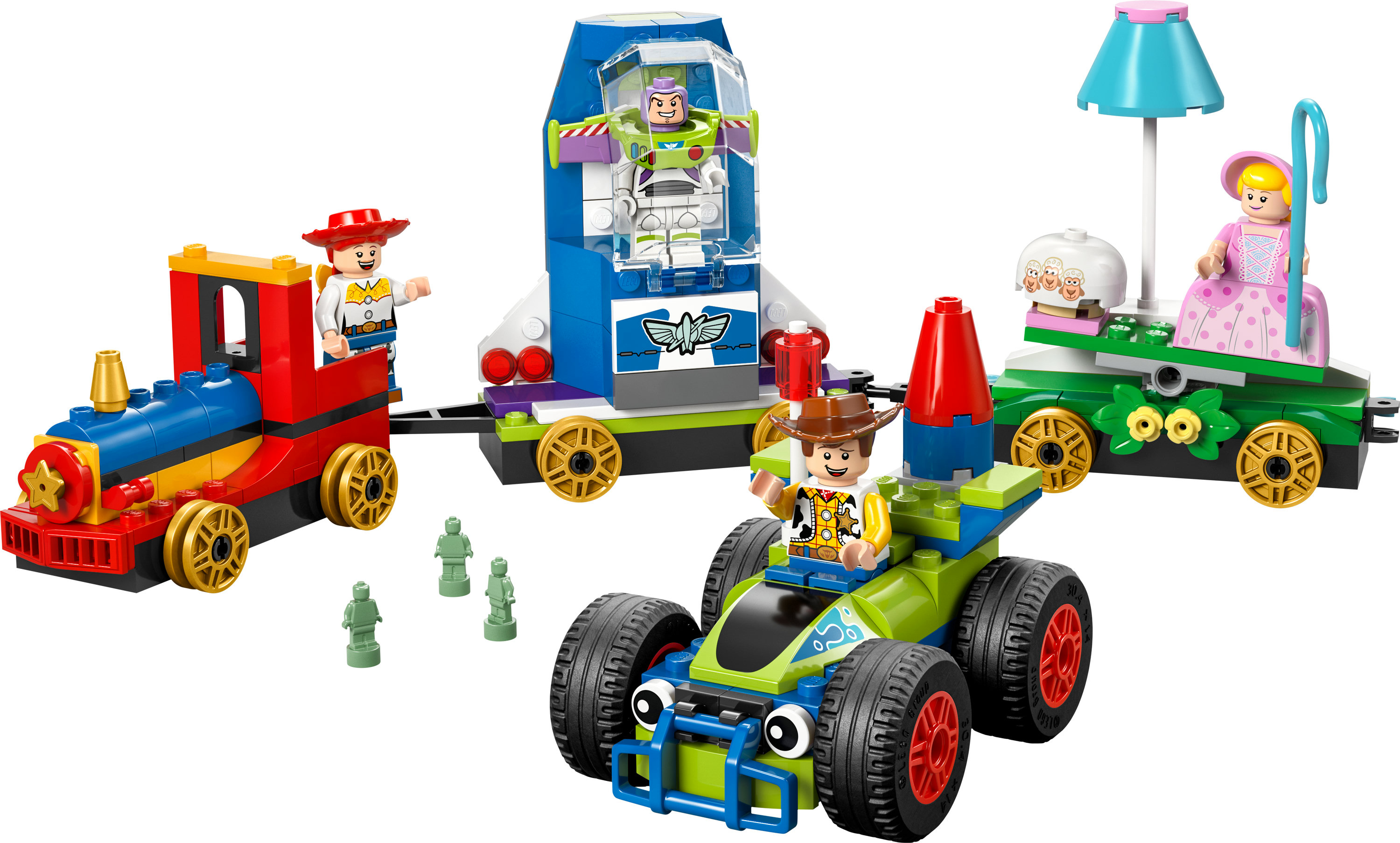 Zestaw Lego Toy Story. Zawiera pociąg, statek kosmiczny, samochód i powóz z postaciami takimi jak Woody, Buzz i Bo Peep.