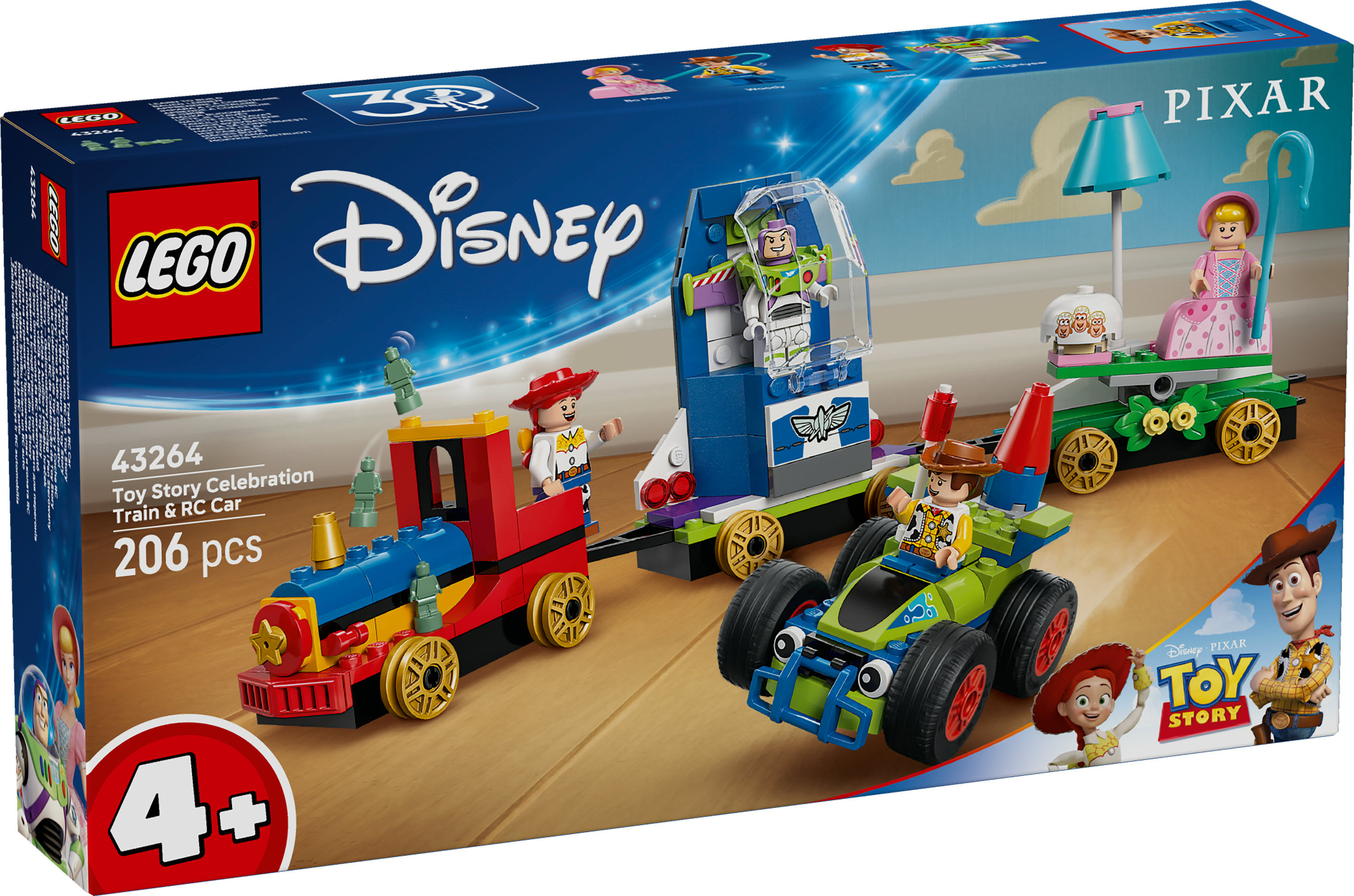Zestaw Lego Toy Story. Zawiera pociąg, samochód i figurki Buzza, Woody'ego, Jessie i Bo Peep. Pudełko wyświetla logo Disney Pixar.