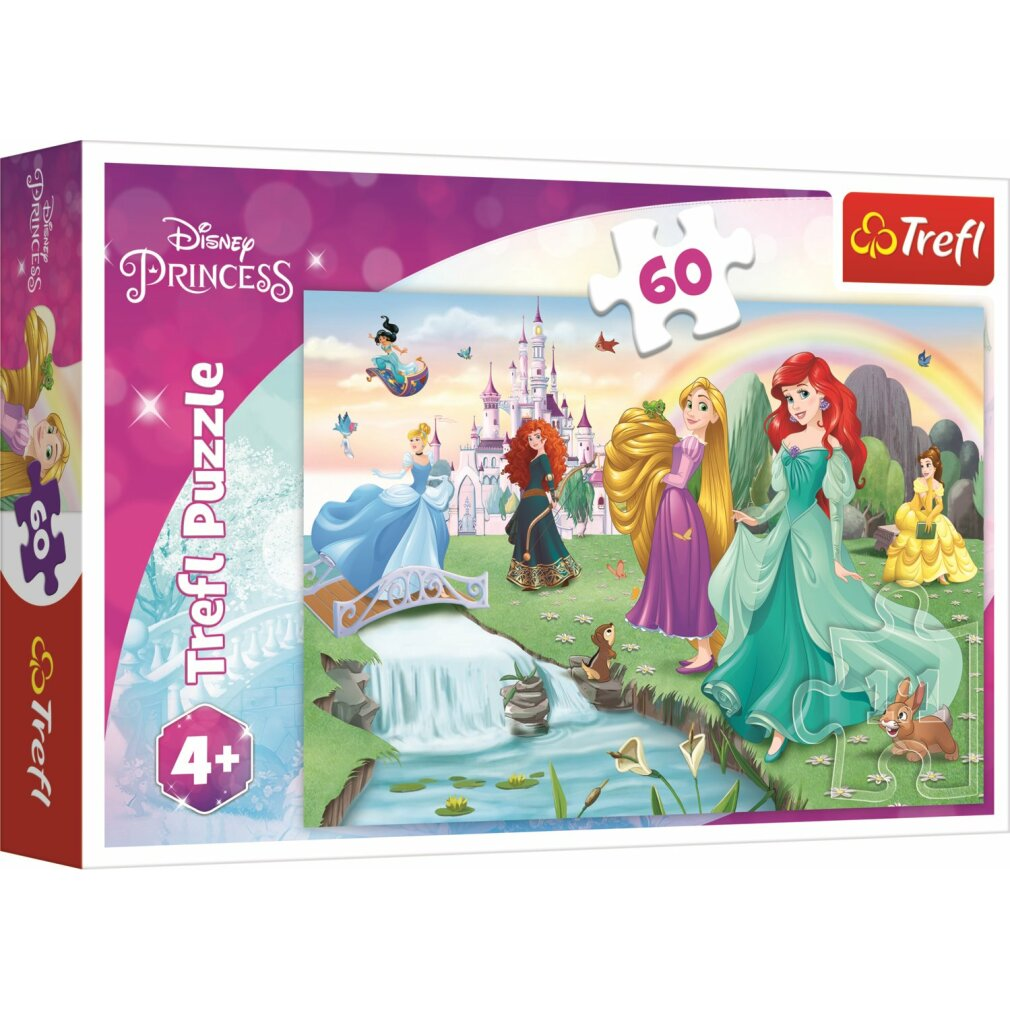Disney Princess puzzle box. Features Cinderella, Ariel, Rapunzel, and others. A castle, waterfall, and rainbow are in the background.