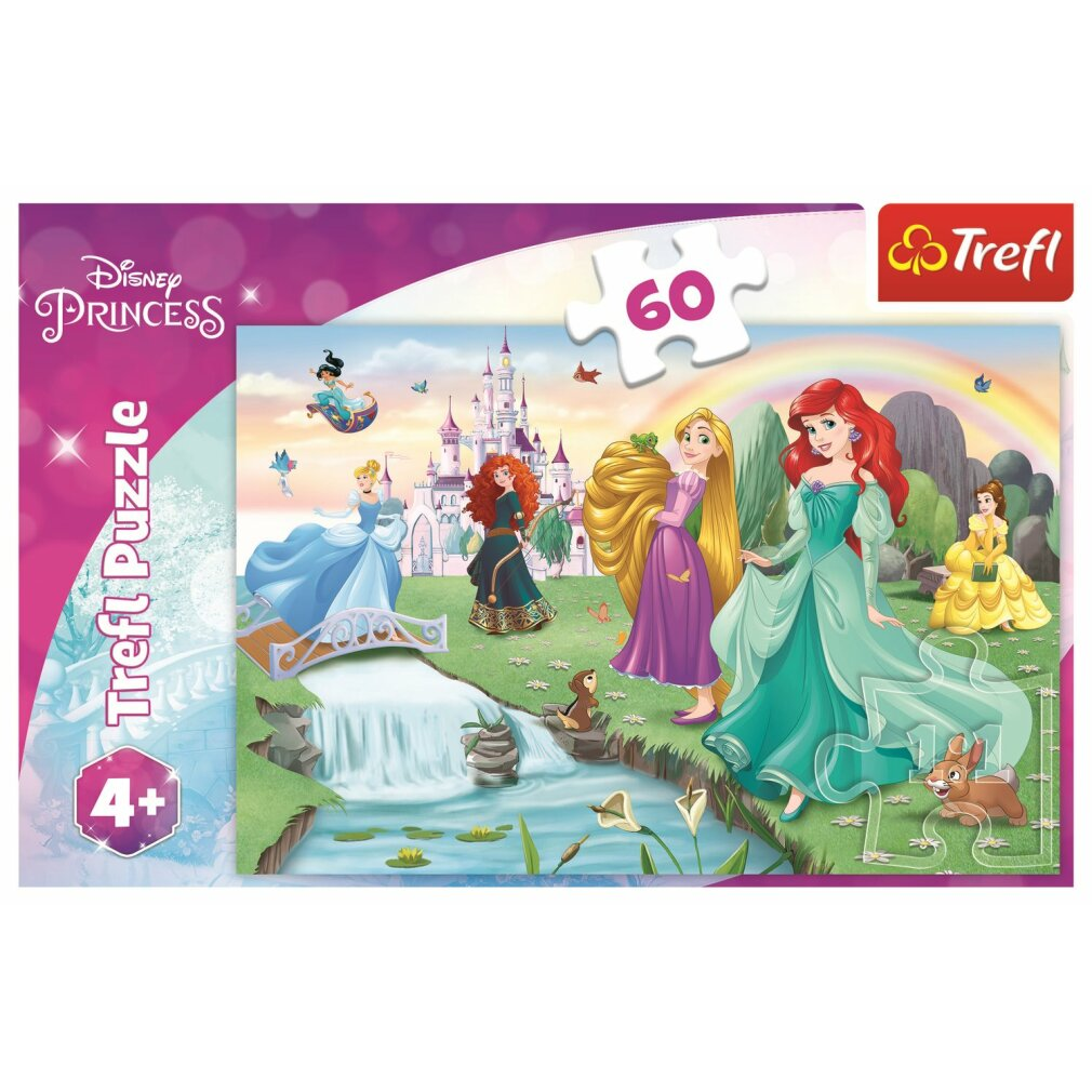 A Disney Princess puzzle. It depicts several princesses in a fantasy scene with a castle, rainbow, and animals.