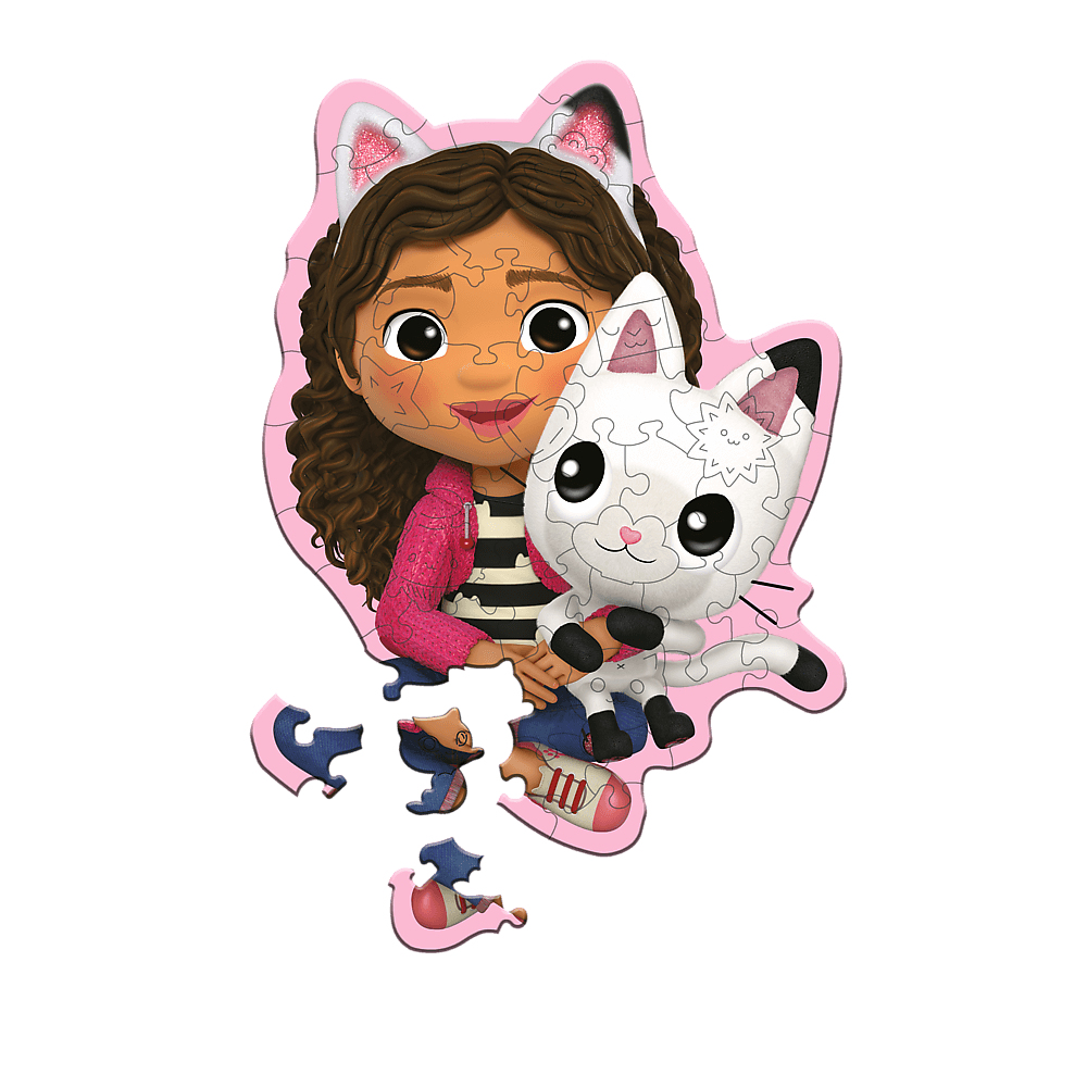 Un rompecabezas con una niña y un gato. La niña tiene cabello castaño y una chaqueta rosa. El gato es blanco. Faltan algunas piezas del rompecabezas.