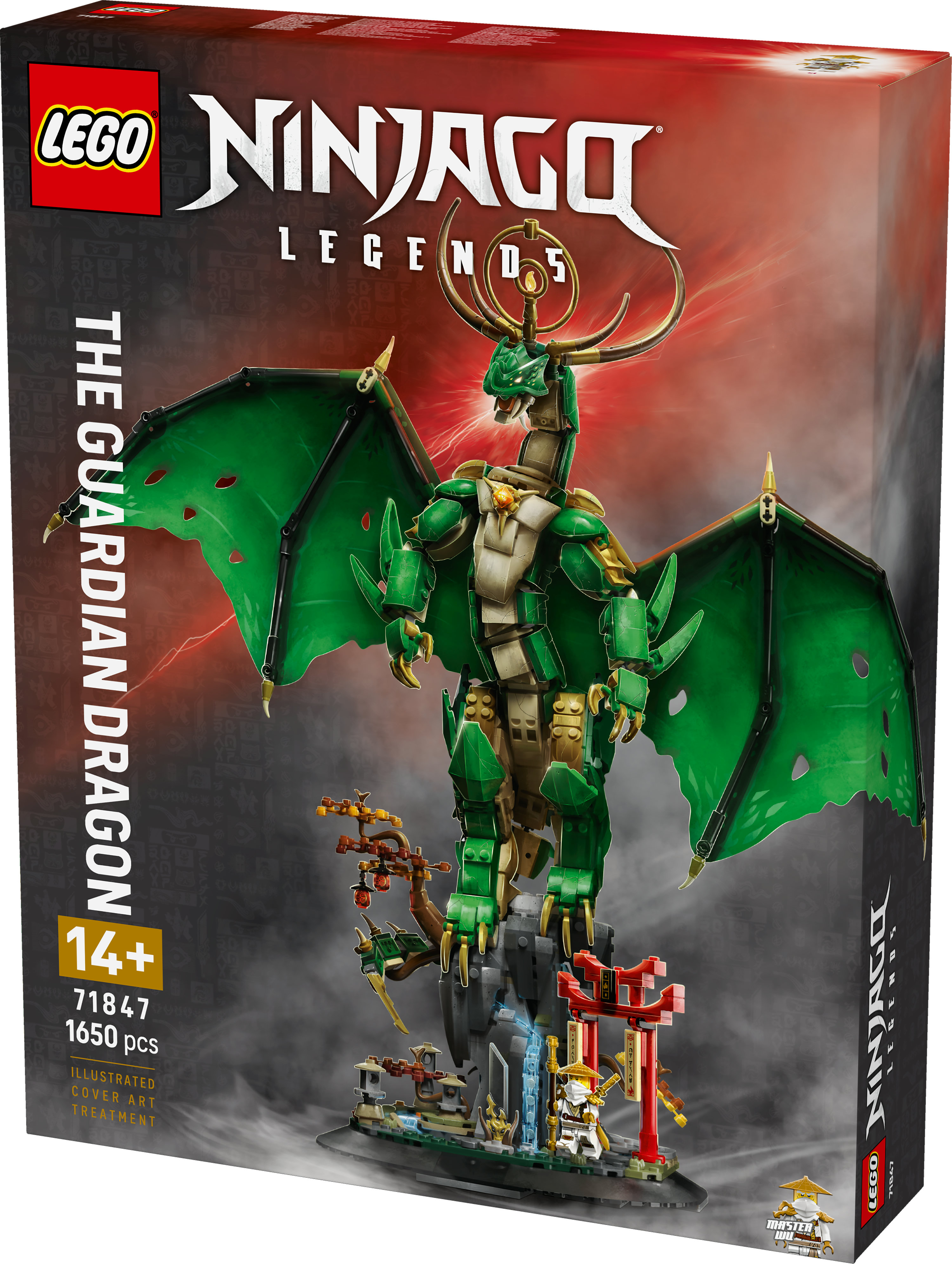 Grafika na pudełku Lego Ninjago z zielonym smokiem z dużymi skrzydłami i złotymi akcentami. Zawiera małą świątynię i figurki.