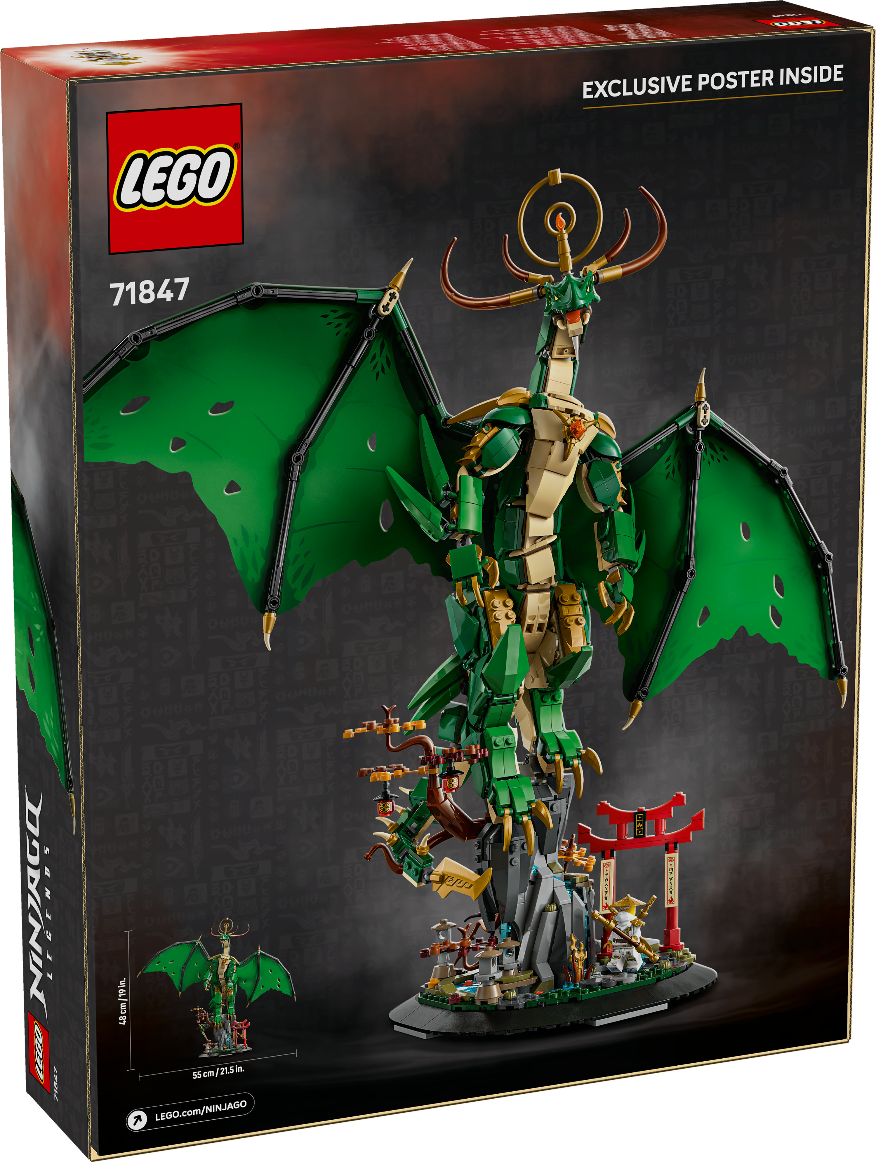 Pudełko przedstawia zestaw Lego Ninjago, model zielonego smoka z podstawą zawierającą inne figurki i konstrukcje Lego.