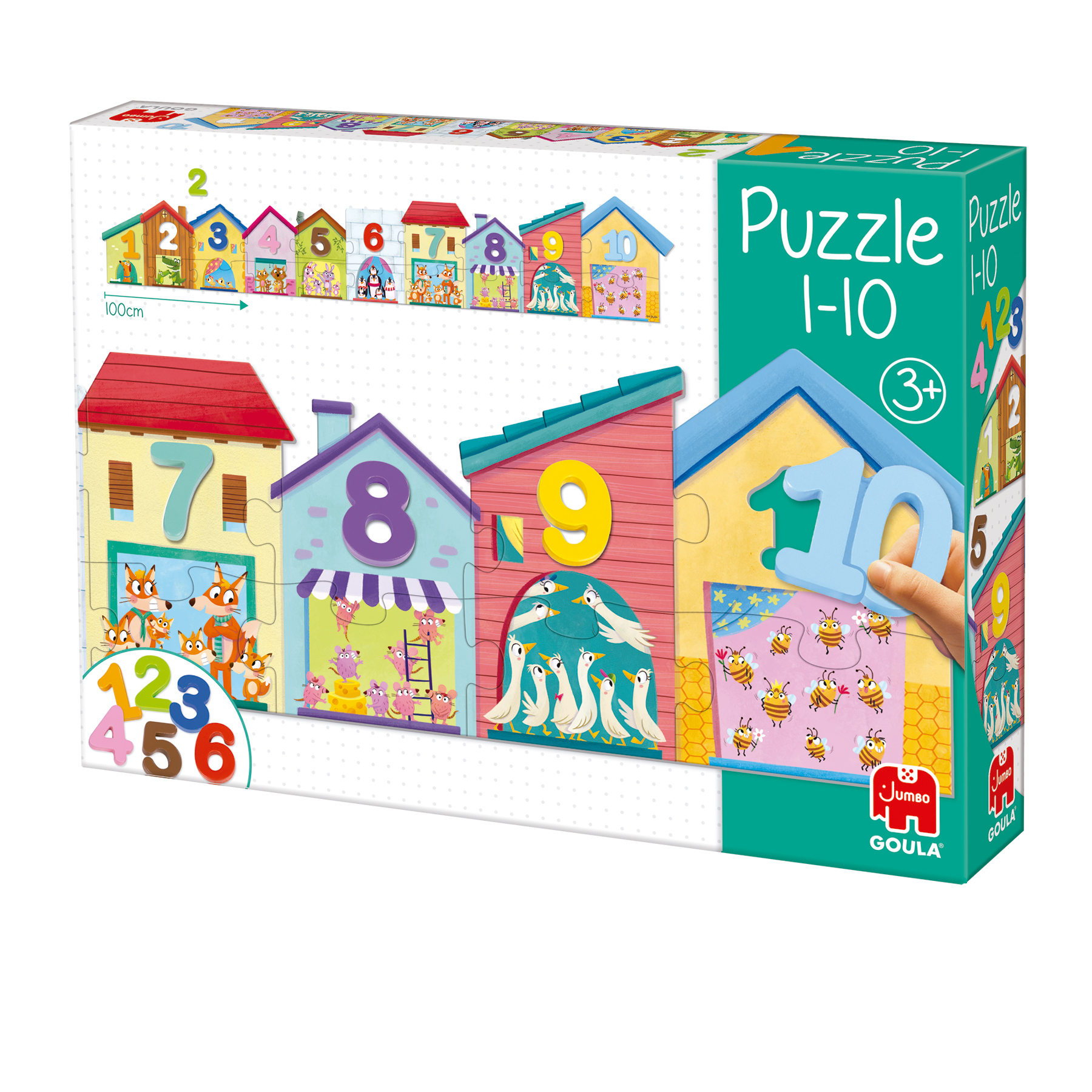 Pudełko z puzzlami z domami ponumerowanymi od 1 do 10. Każdy dom przedstawia różne zwierzęta.