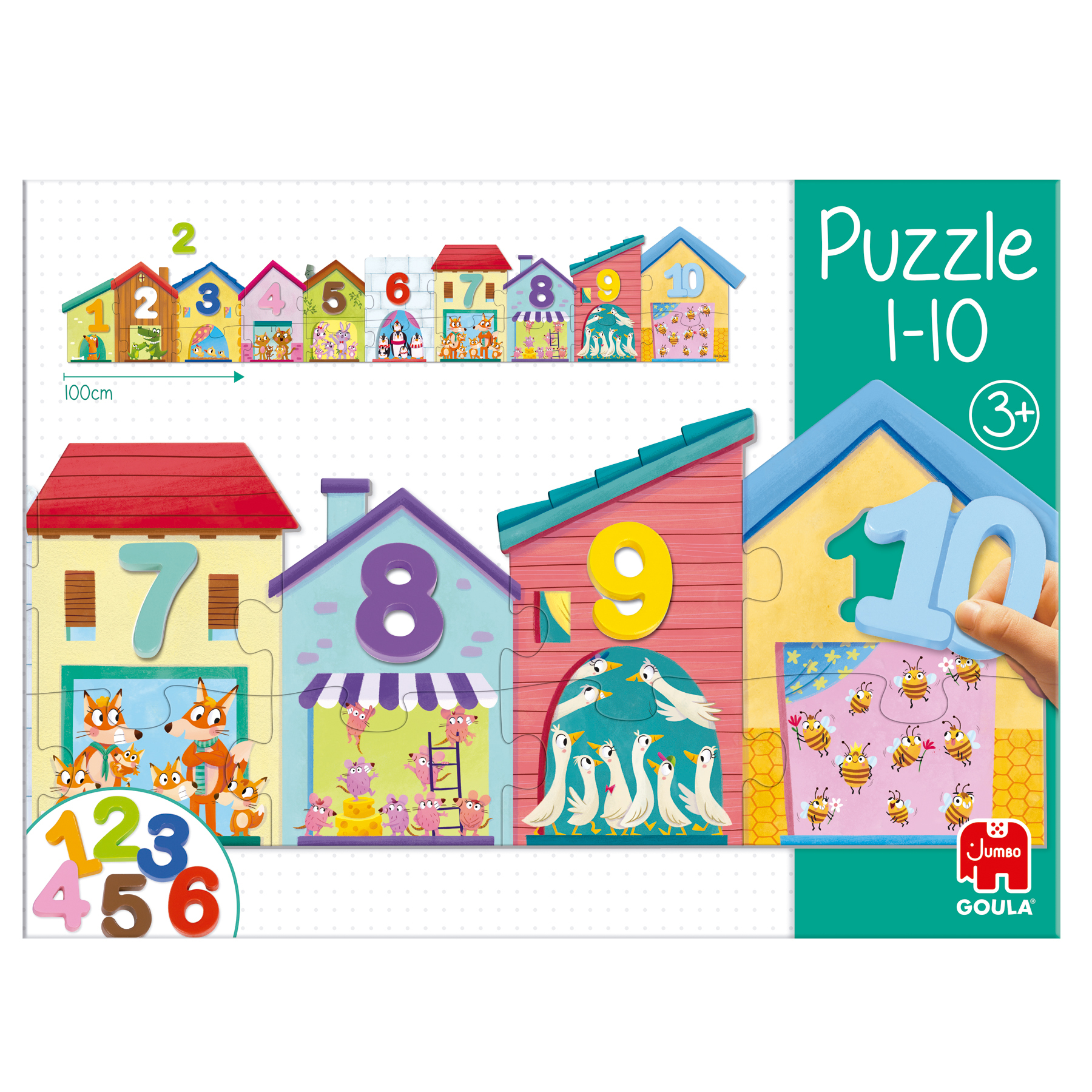 Puzzle z domami z numerami 1-10. Każdy dom pokazuje różne zwierzęta. Puzzle są dla dzieci.