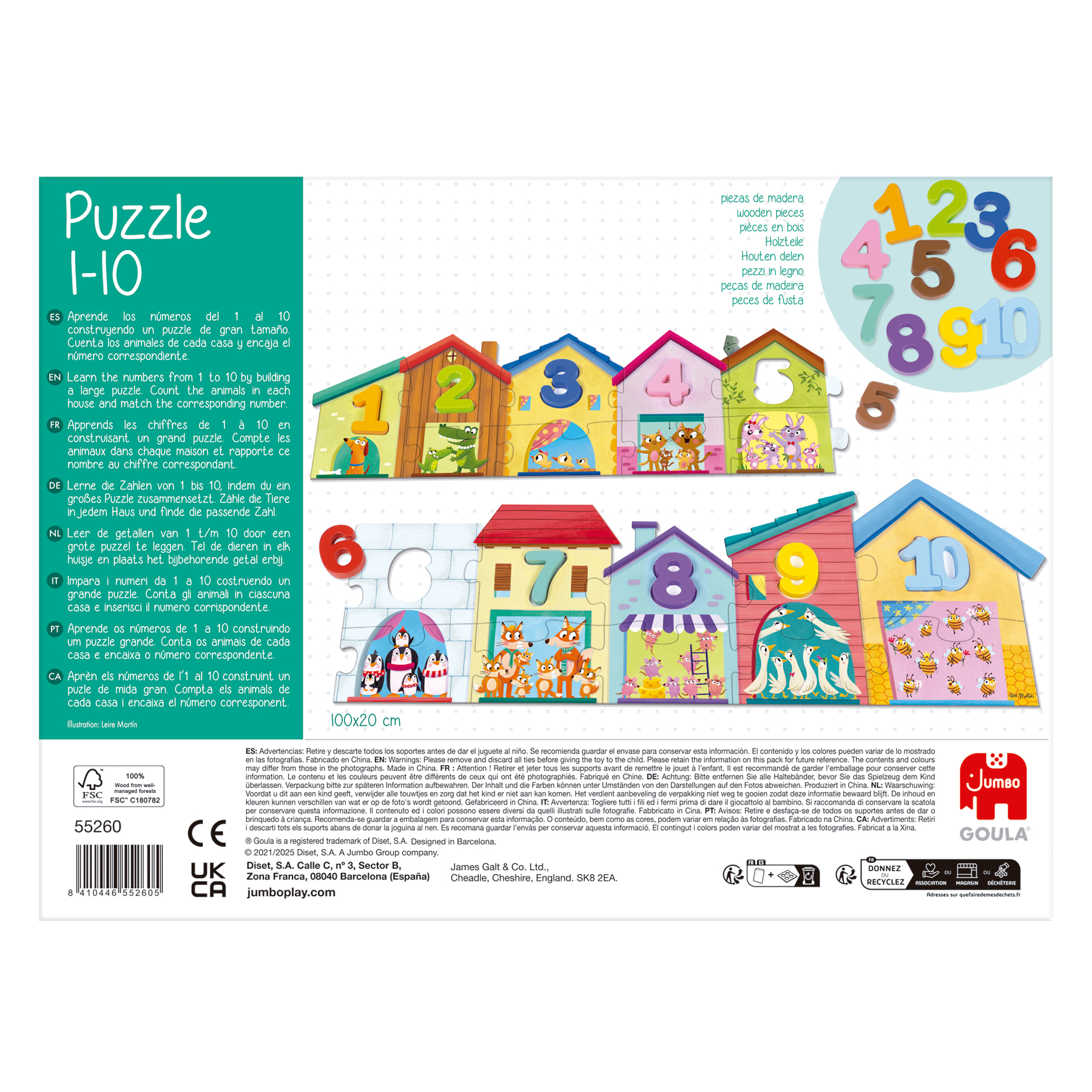 Puzzle z domkami z numerami 1-10, z pasującymi figurkami zwierząt.