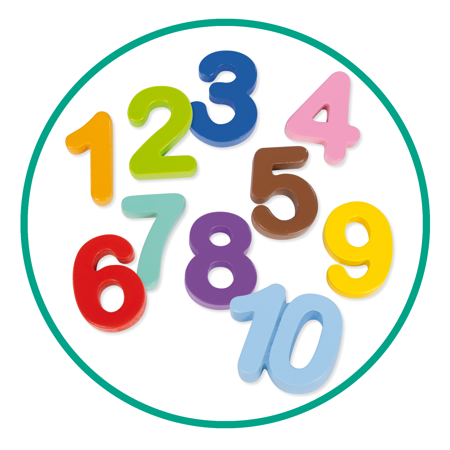 Kolorowe drewniane liczby 1-10 w zielonym okręgu na białym tle. Każda liczba ma inny kolor.
