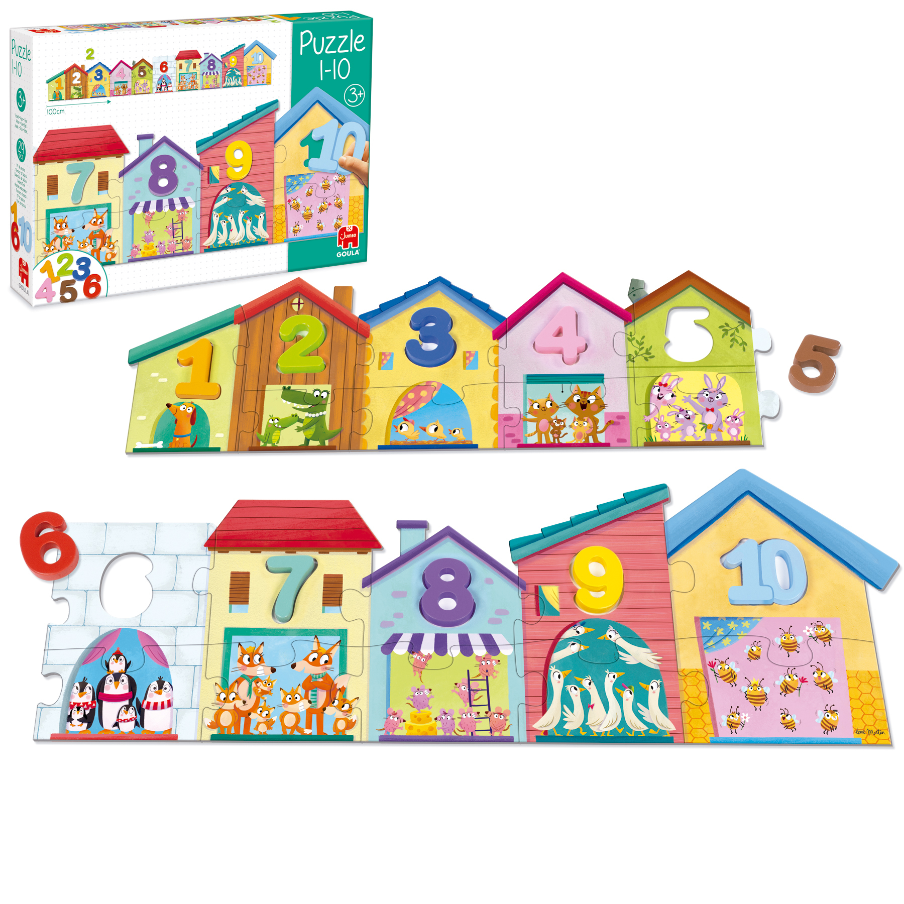 Puzzle z elementami w kształcie domków z numerami 1-10. Każdy domek przedstawia inną scenę ze zwierzętami, jak psy, koty i pszczoły.