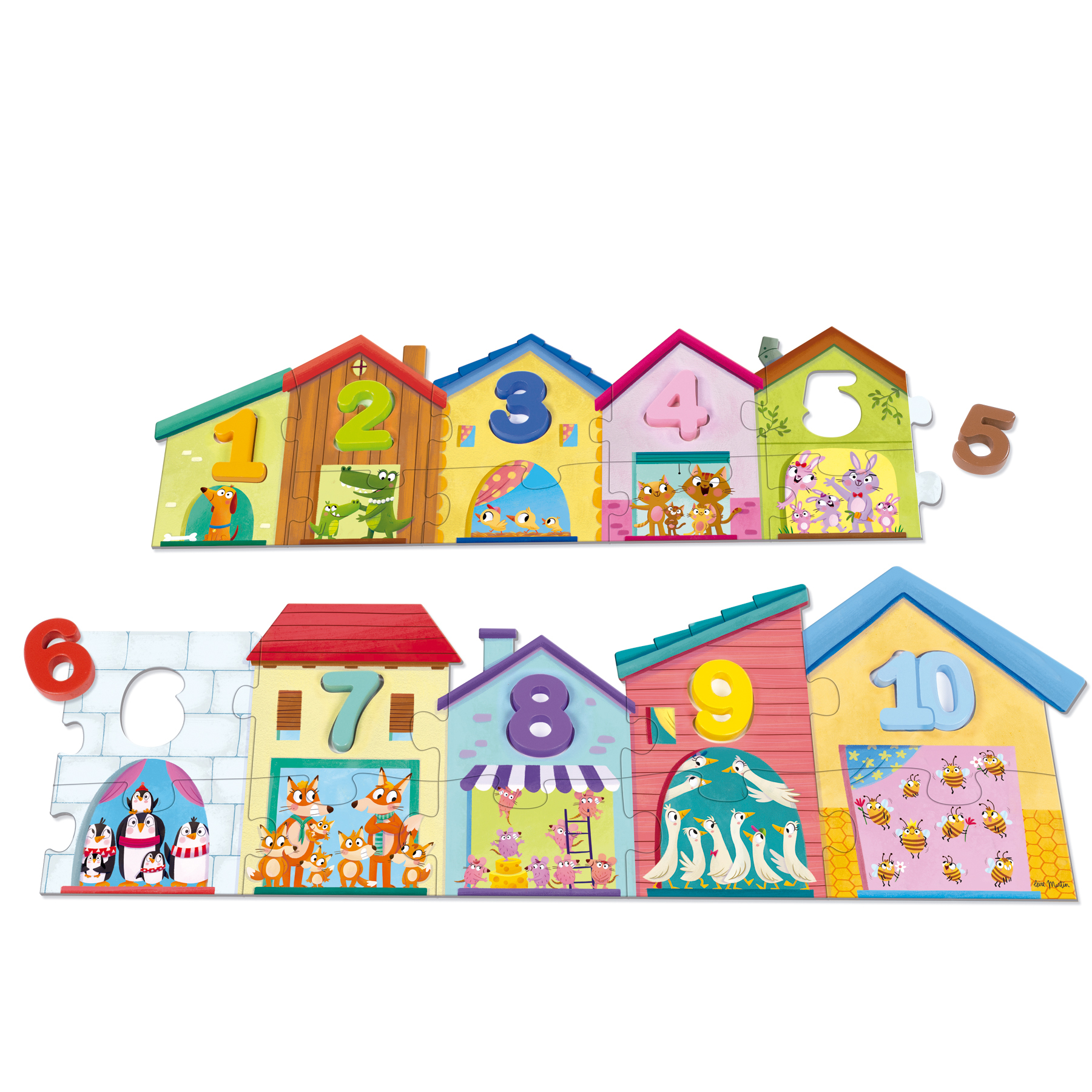 Kolorowa układanka przedstawia domki z numerami 1-10. W każdym domku są zwierzęta, takie jak pies, krokodyl, lisy, koty i pszczoły.